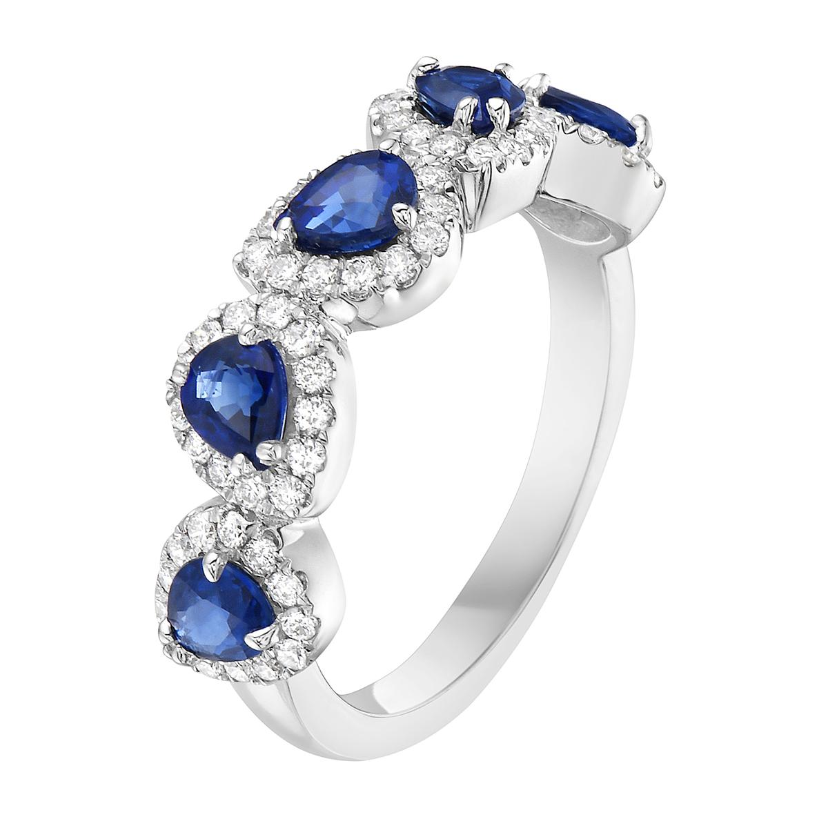 With this exquisite diamond and sapphire ring, style and glamour are in the spotlight. This 18-karat diamond and sapphire ring is made from 3.8 grams of gold. The top is adorned with one row of VS2, G color diamonds, made out of 65 diamonds totaling