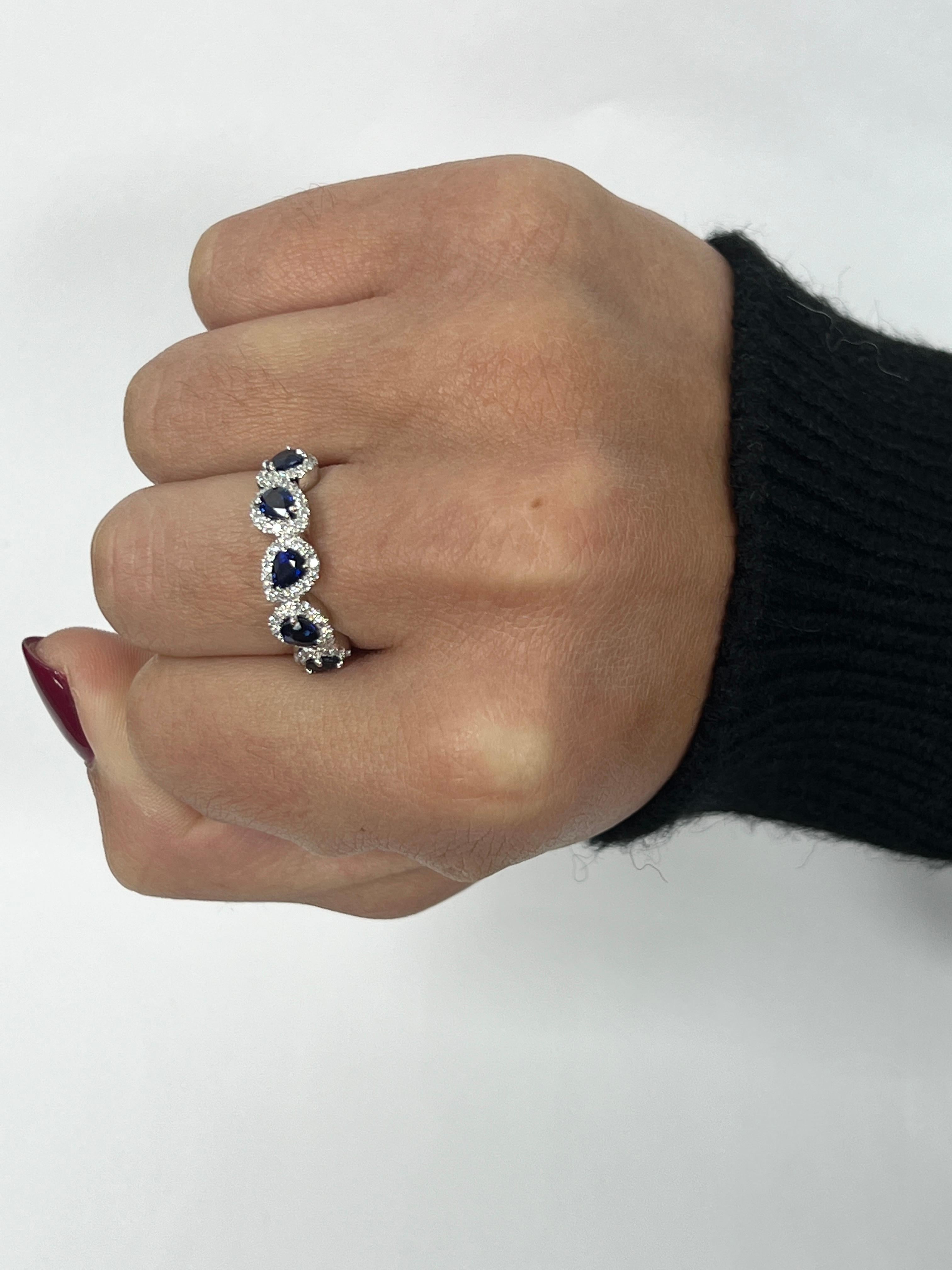 Modern 5 Stone Diamond and Sapphire Pear Shape Ring For Sale