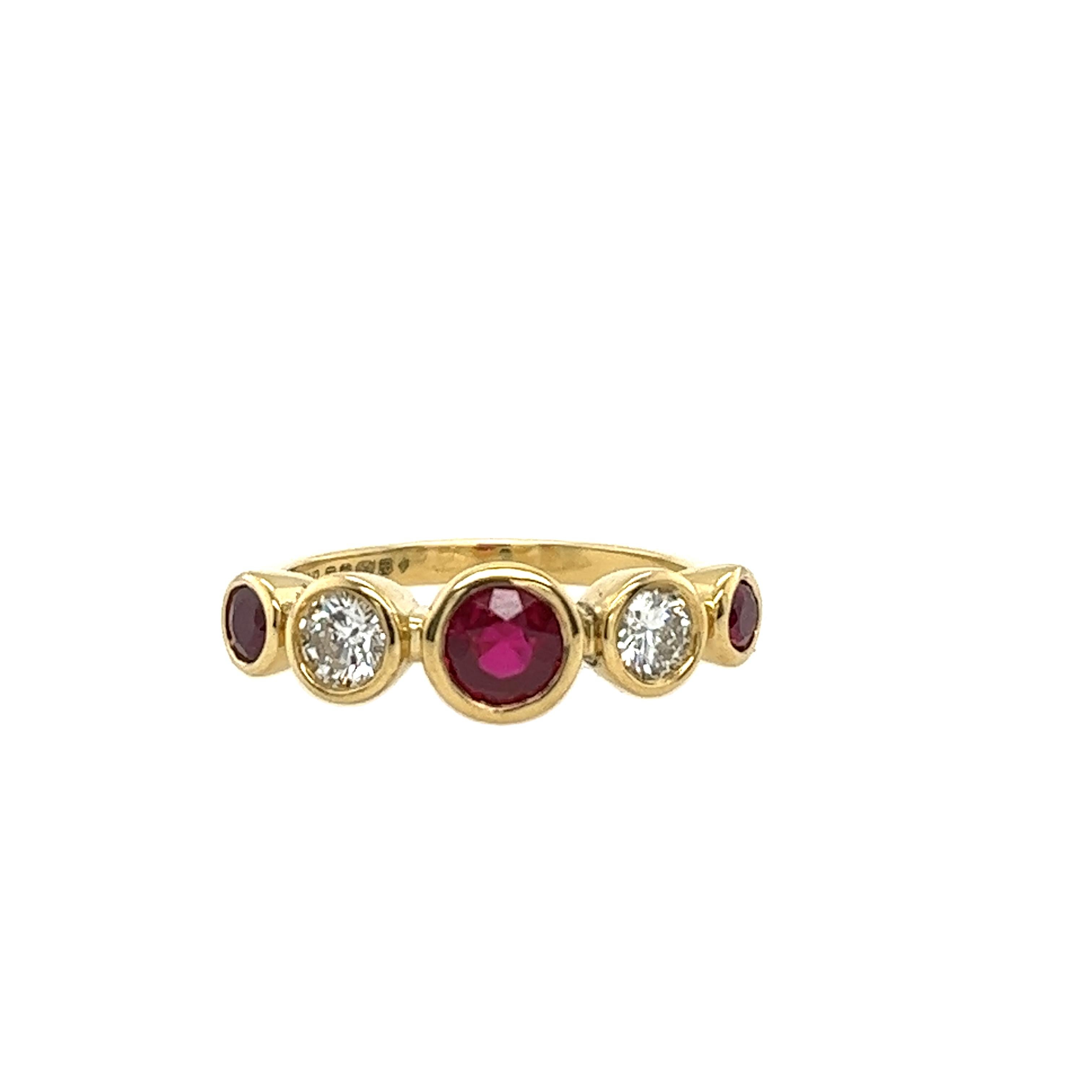 Women's 5-Stone Diamond & Ruby Ring, Set With 2 Round Diamonds & 3 Rubies in 18ct Gold For Sale