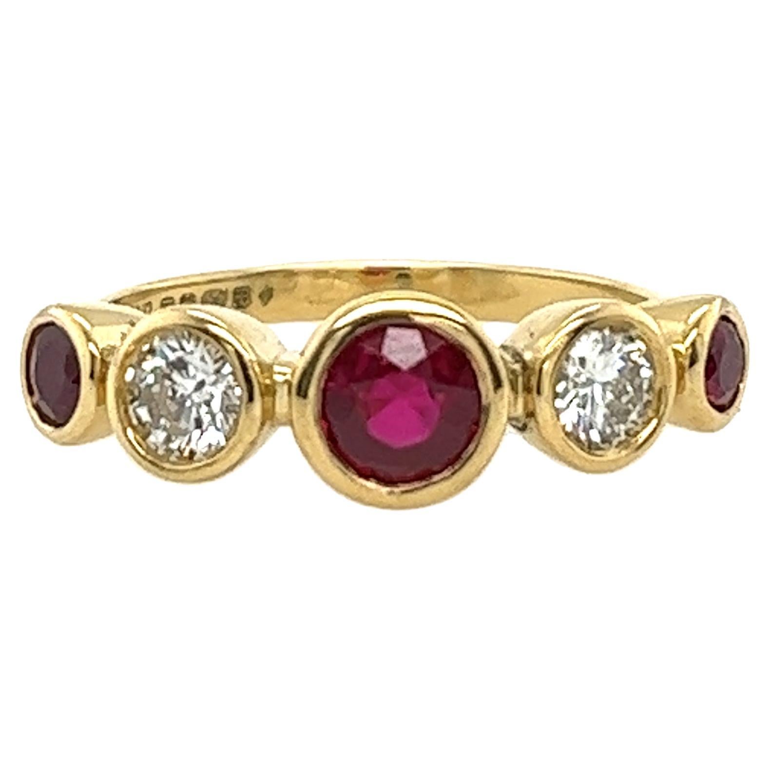 5-Stone Diamond & Ruby Ring, Set With 2 Round Diamonds & 3 Rubies in 18ct Gold