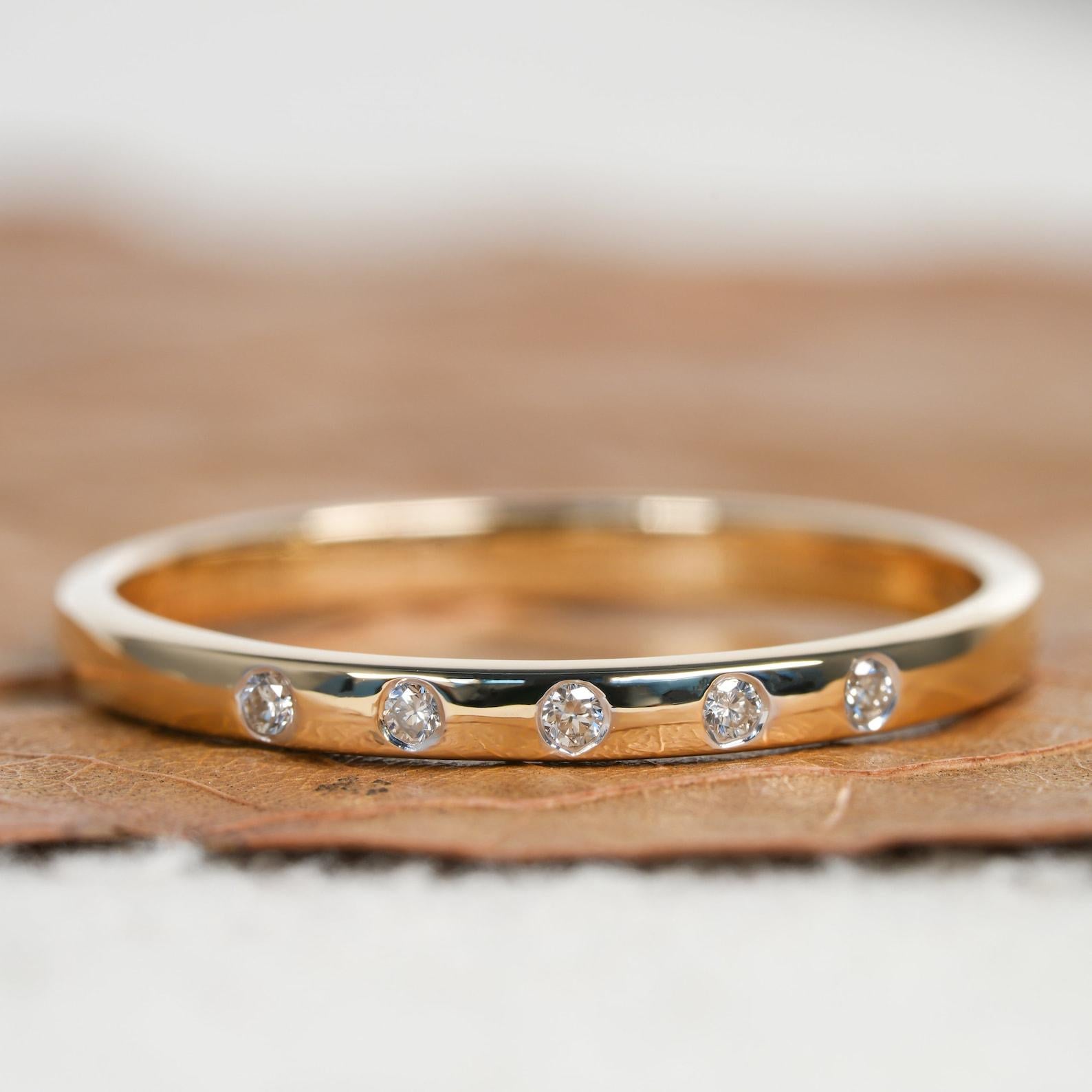 5 Stone Micro Pave Set Minimalist Diamond Ring 14k Gold Ring Minimalist Jewelry In New Condition For Sale In Chicago, IL