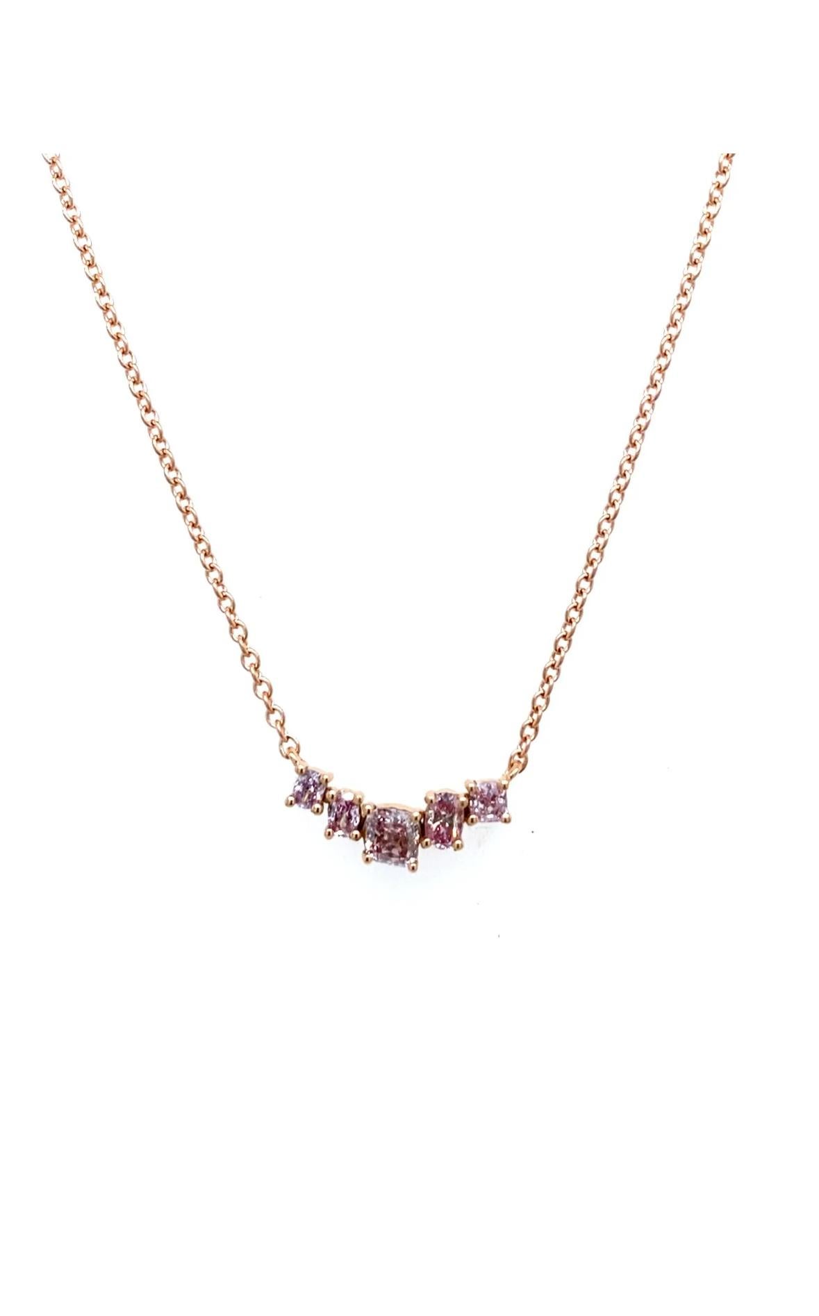 Round Cut 5-Stone Natural Pink Intense Diamond Necklace in 18ct Yellow Gold, 0.25ct For Sale