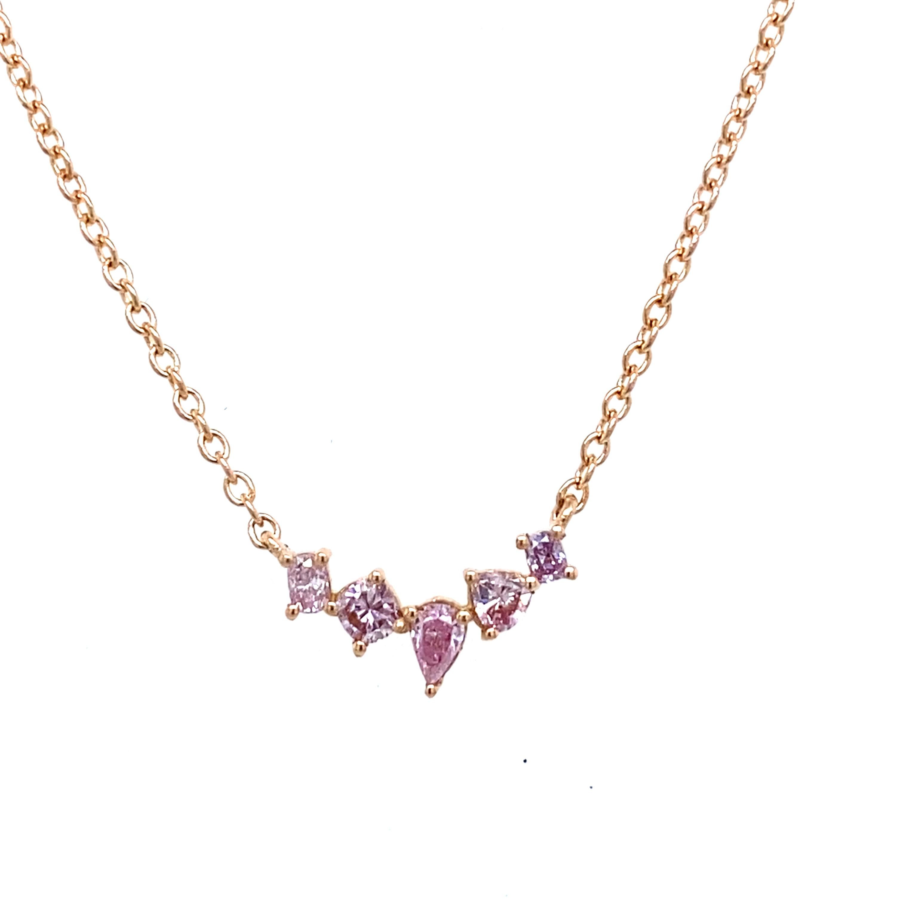 Round Cut 5-Stone Natural Pink Intense Diamond Necklace in 18ct Yellow Gold For Sale