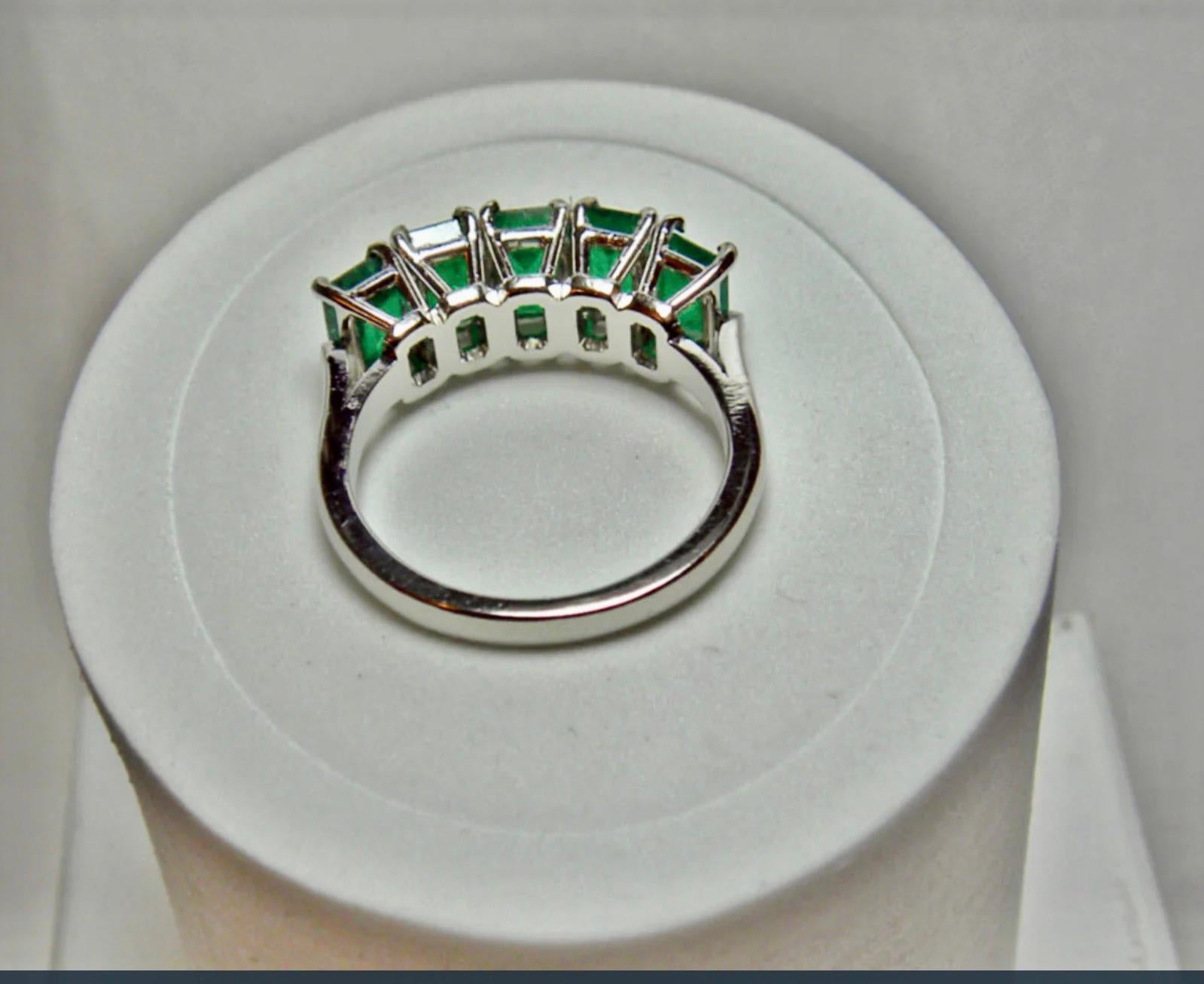 Emerald Cut 5 Stone Platinum Natural AAA+ Color Colombian Emerald Band Ring For Sale