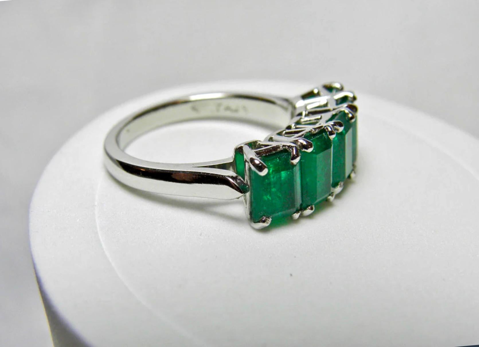 5 Stone Platinum Natural AAA+ Color Colombian Emerald Band Ring For Sale 2