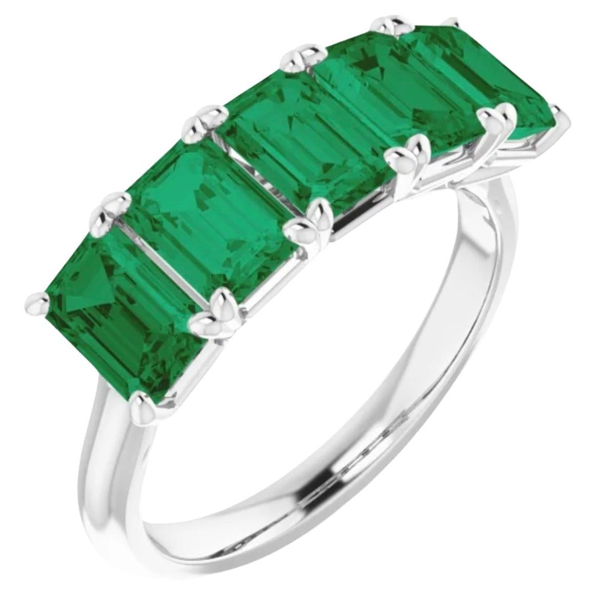 5 Stone Platinum Natural AAA+ Color Colombian Emerald Band Ring For Sale 3