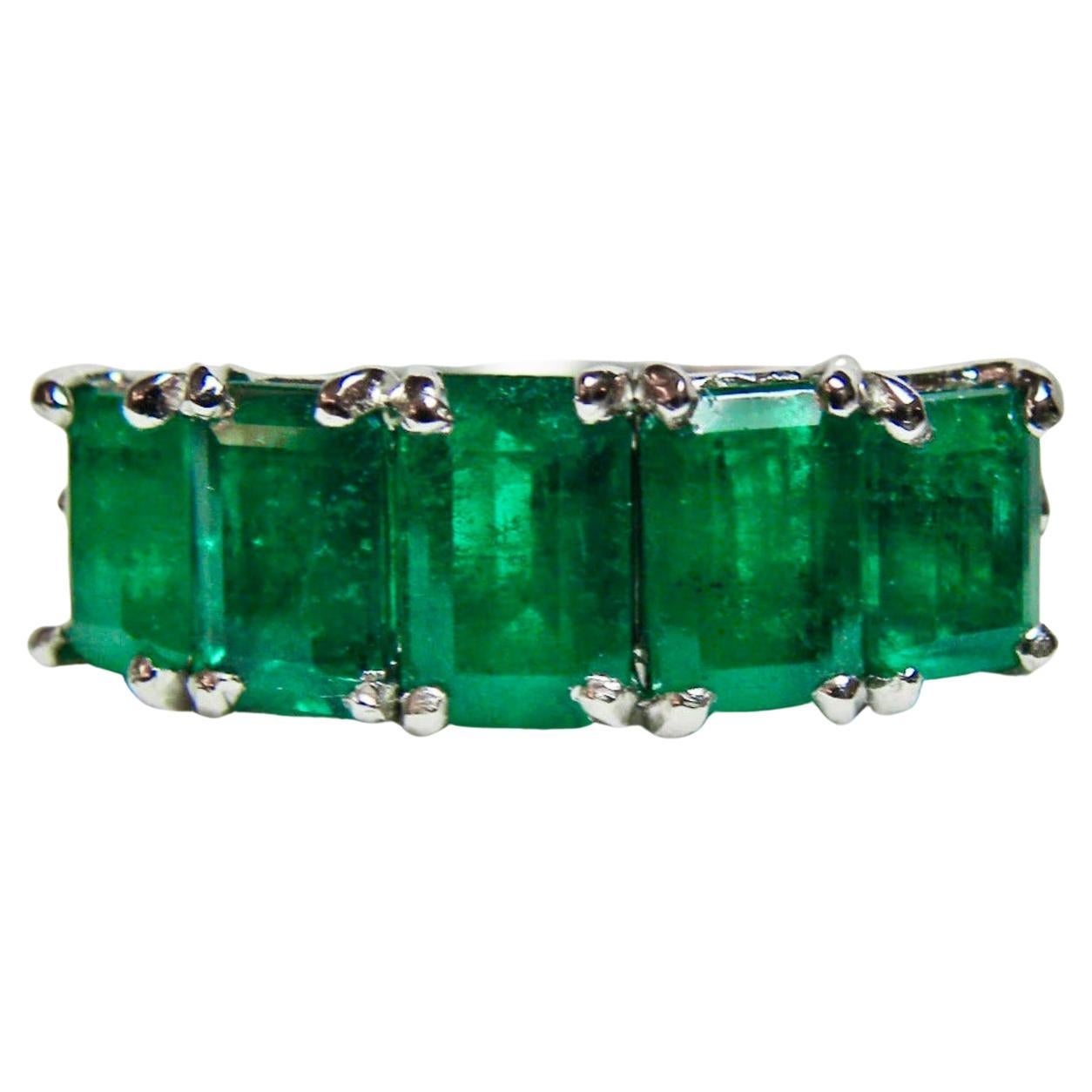 5 Stone Platinum Natural AAA+ Color Colombian Emerald Band Ring