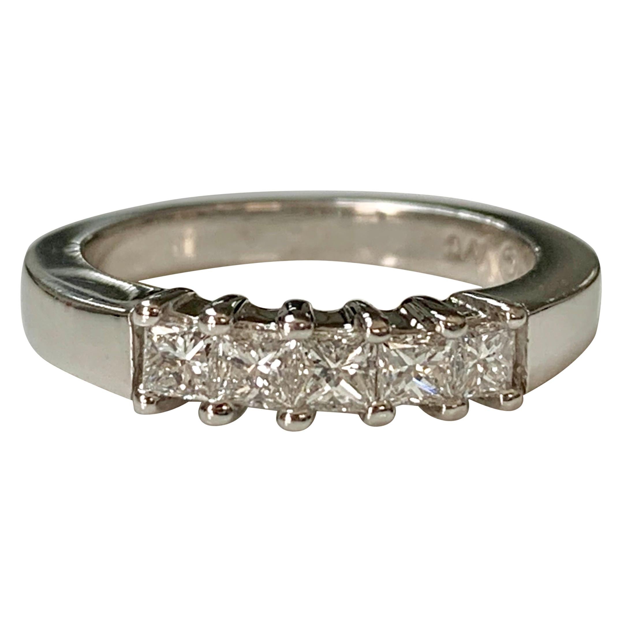 5-Stone Princess Cut Diamond Ring in 18 Karat White Gold For Sale