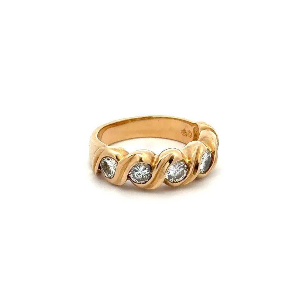Simply Beautiful! Finely detailed 5-Stone Diamond Vintage Band Ring. Securely set with Round Brilliant Cut Diamonds, weighing approx. 1.40 total carat weight, Hand crafted 14K Yellow Gold swirl mounting. Approx. dimensions: 0.80” l x 0.78” w x 0.34”