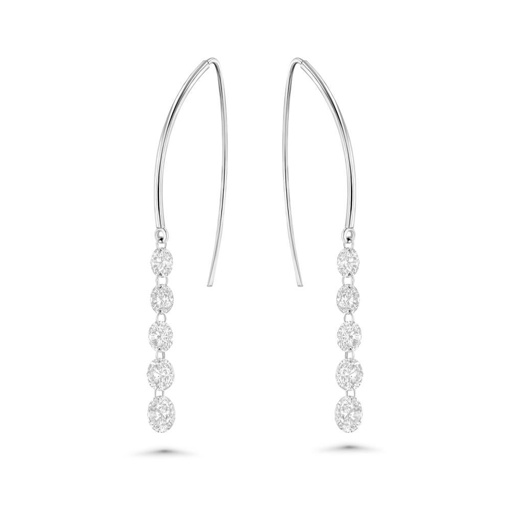 Each of these 5 stone white gold and diamond earrings are exquisite. The size of the diamonds gradually increase as you go down the streamer, and its flexibility and movement is sure to complement and follow yours as you move through life. 