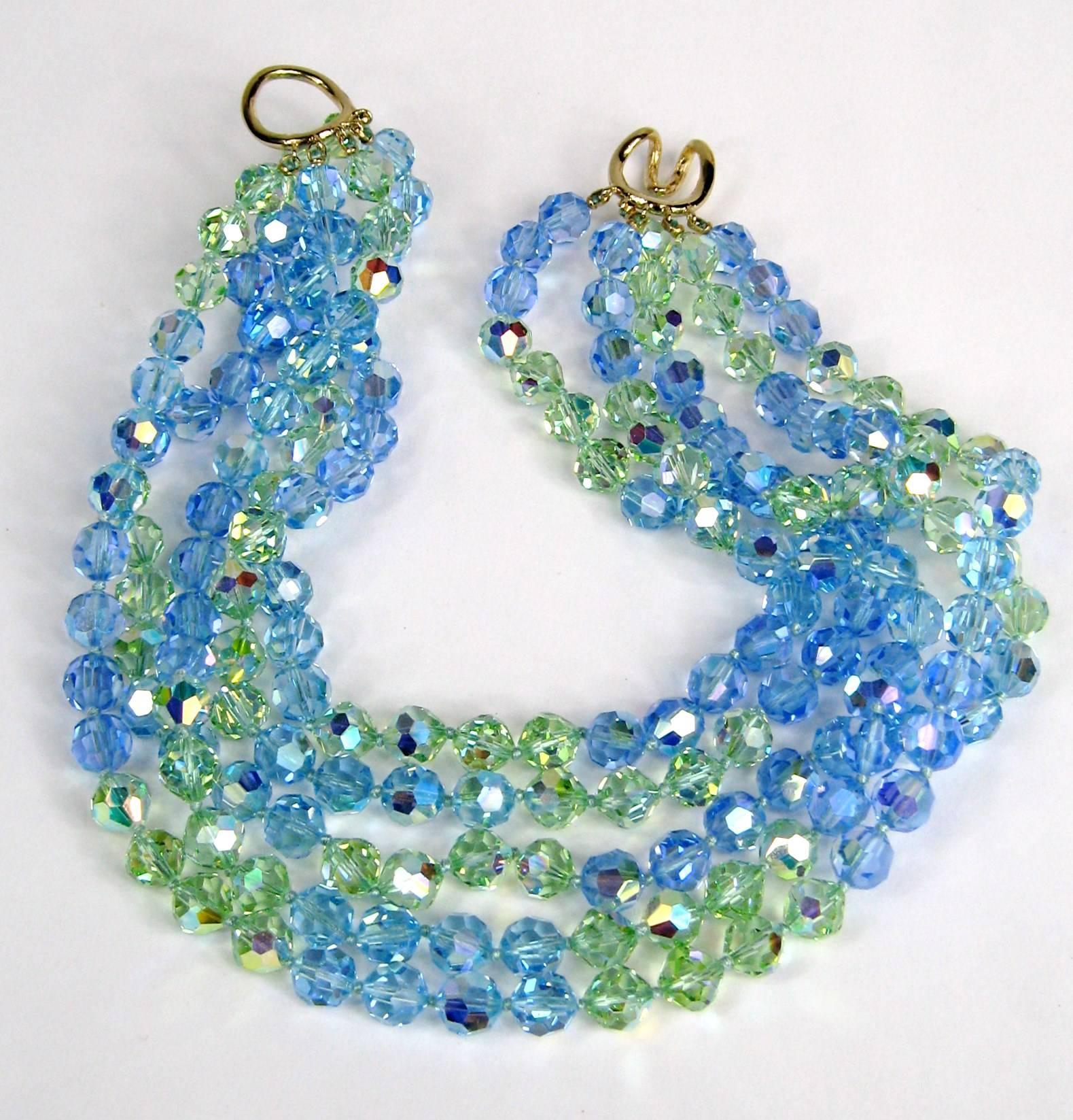 Bead  5 Strand Blue Green Crystal Bib Necklace New, Never worn 1990s Ciner  For Sale