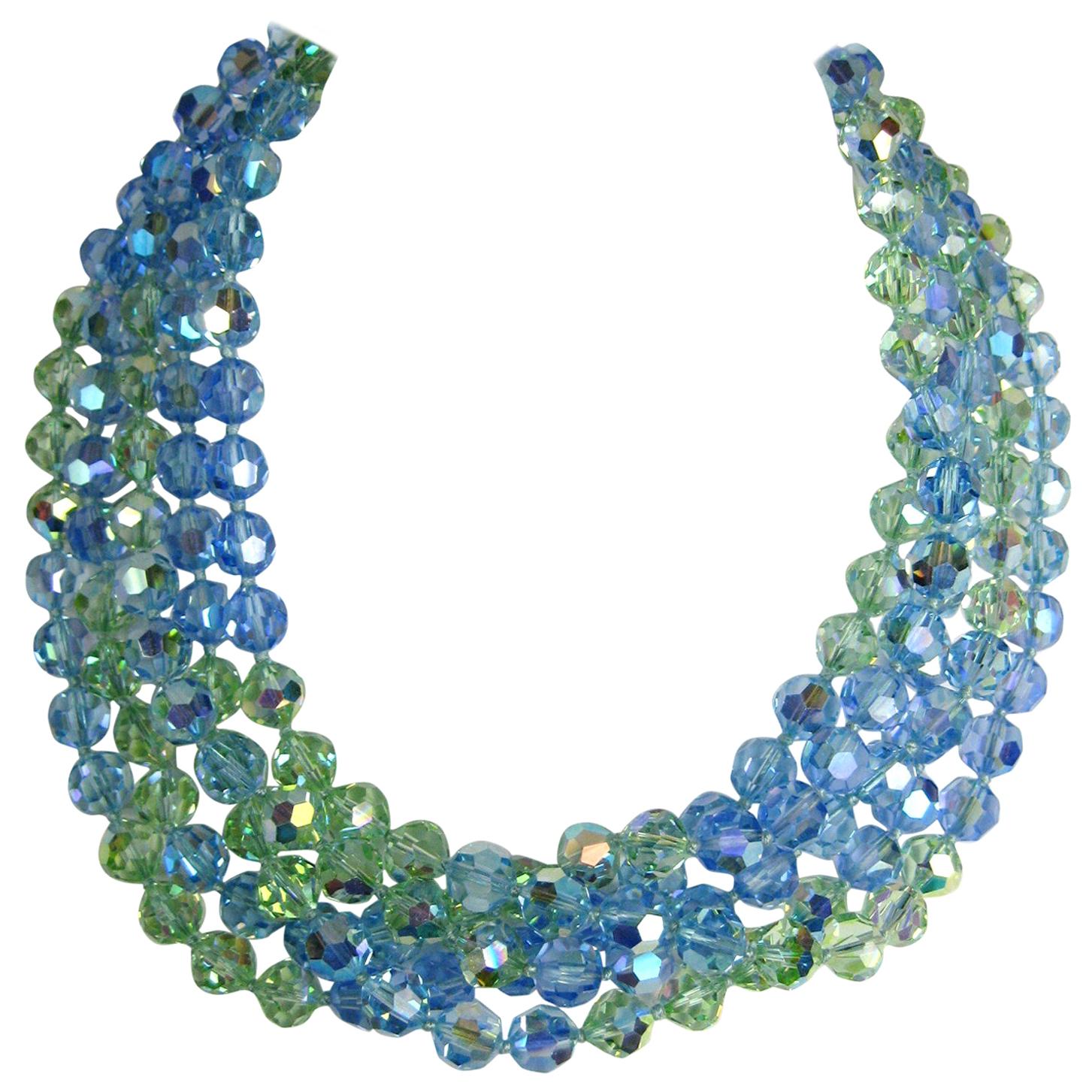 5 Strand Blue Green Crystal Bib Necklace New, Never worn 1990s Ciner 