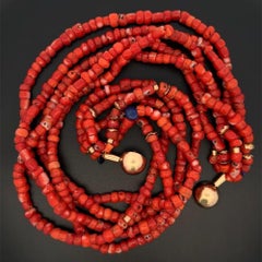 5 Strand Coral and Lapis Lazuli Gold Statement Vintage Choker Necklace