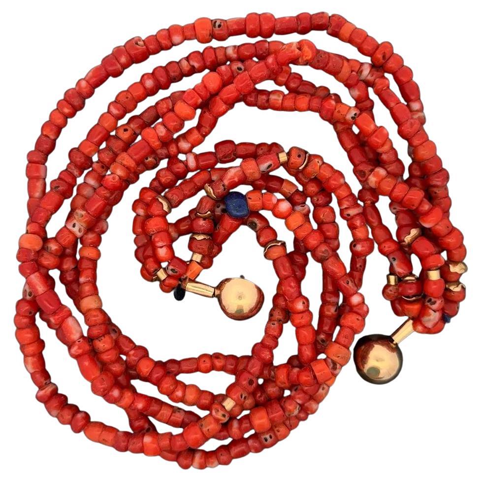 5 Strand Coral and Lapis Lazuli Gold Statement Vintage Choker Necklace