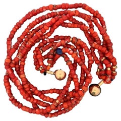 5 Strand Coral and Lapis Lazuli Gold Statement Vintage Choker Necklace