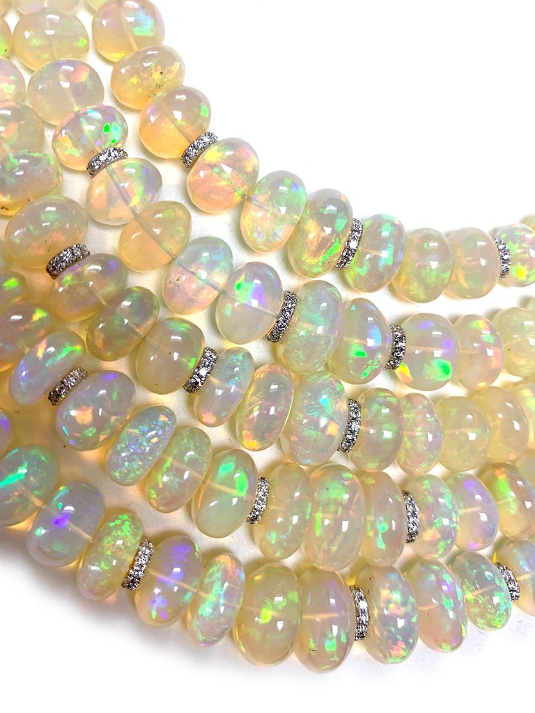 5 Strand Opal Bead Necklace with Diamonds For Sale at 1stdibs