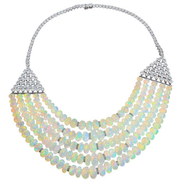 5 Strand Opal Bead Necklace with Diamonds For Sale at 1stdibs