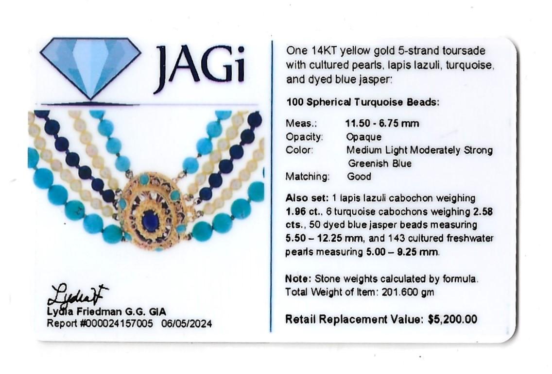 Collar de 5 vueltas de perlas, turquesa, lapislázuli y jaspe de oro de 14 quilates en venta 4