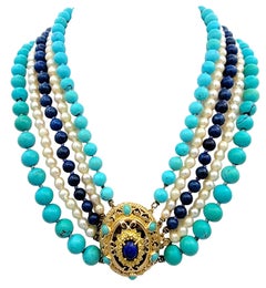 5 Strand Pearl, Turquoise, Lapis Lazuli and Jasper Beaded Necklace 14 Karat Gold