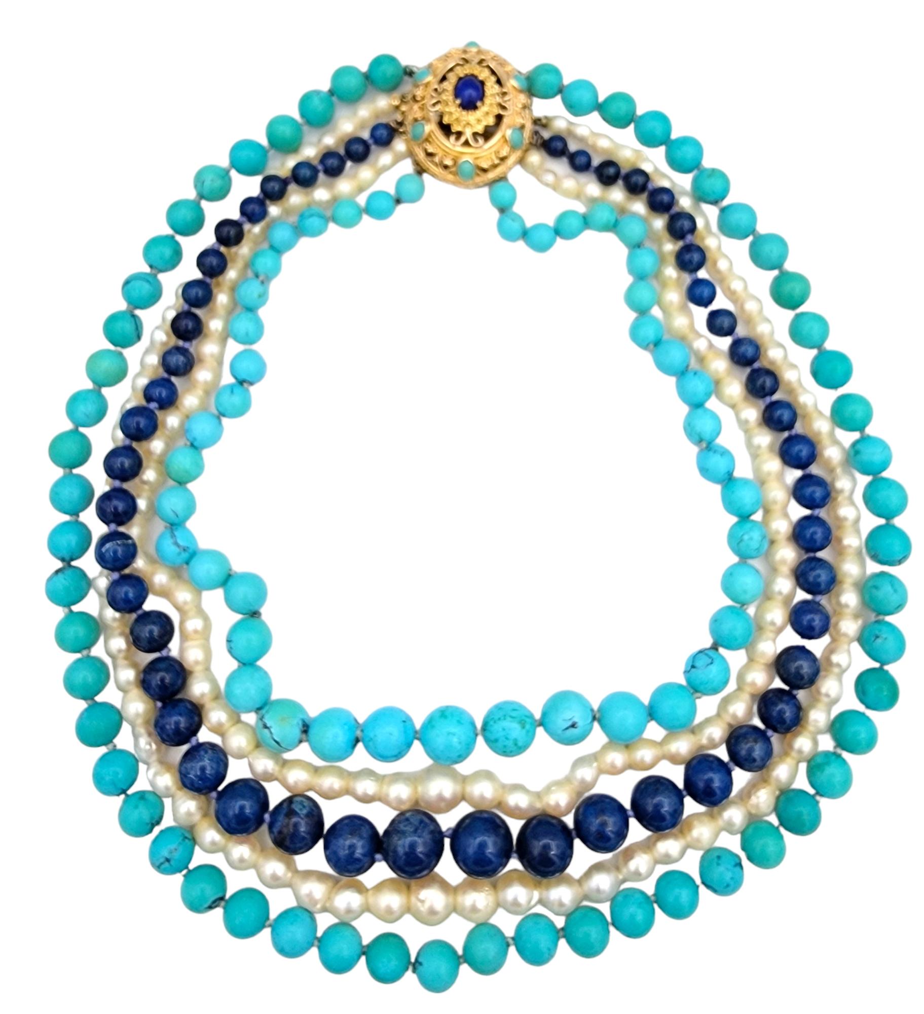 Collar de 5 vueltas de perlas, turquesa, lapislázuli y jaspe de oro de 14 quilates Contemporáneo en venta