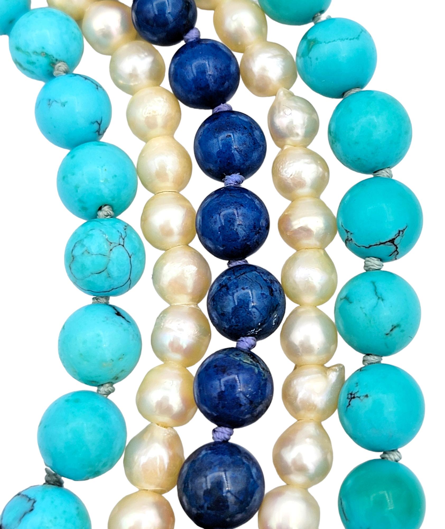 Collar de 5 vueltas de perlas, turquesa, lapislázuli y jaspe de oro de 14 quilates Cuenta en venta