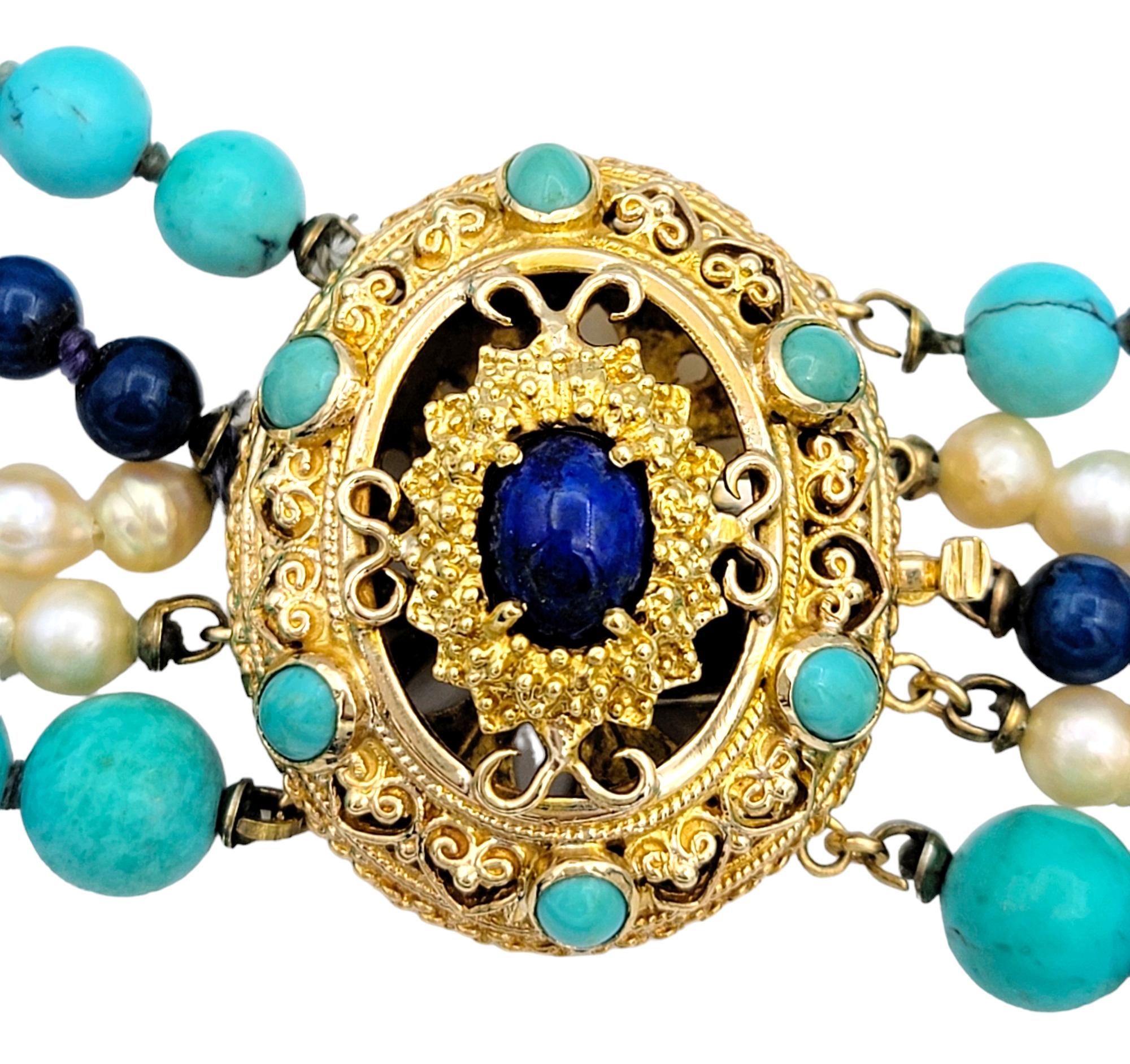 Collar de 5 vueltas de perlas, turquesa, lapislázuli y jaspe de oro de 14 quilates en Bueno estado para la venta en Scottsdale, AZ