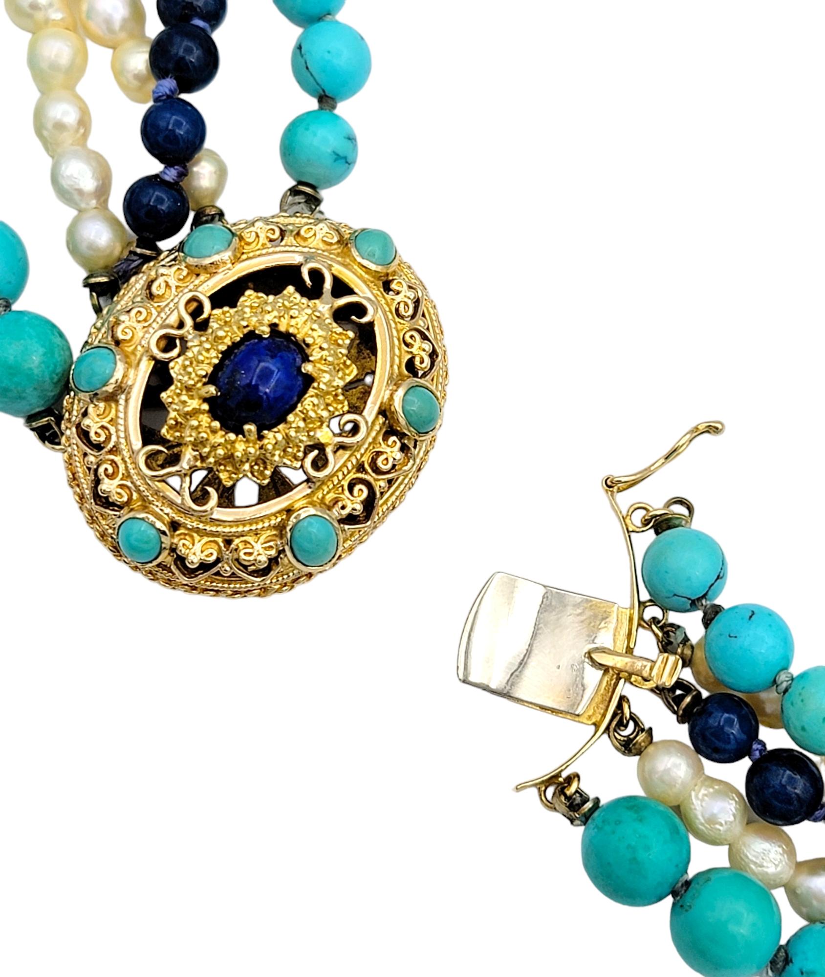 De las mujeres Collar de 5 vueltas de perlas, turquesa, lapislázuli y jaspe de oro de 14 quilates en venta