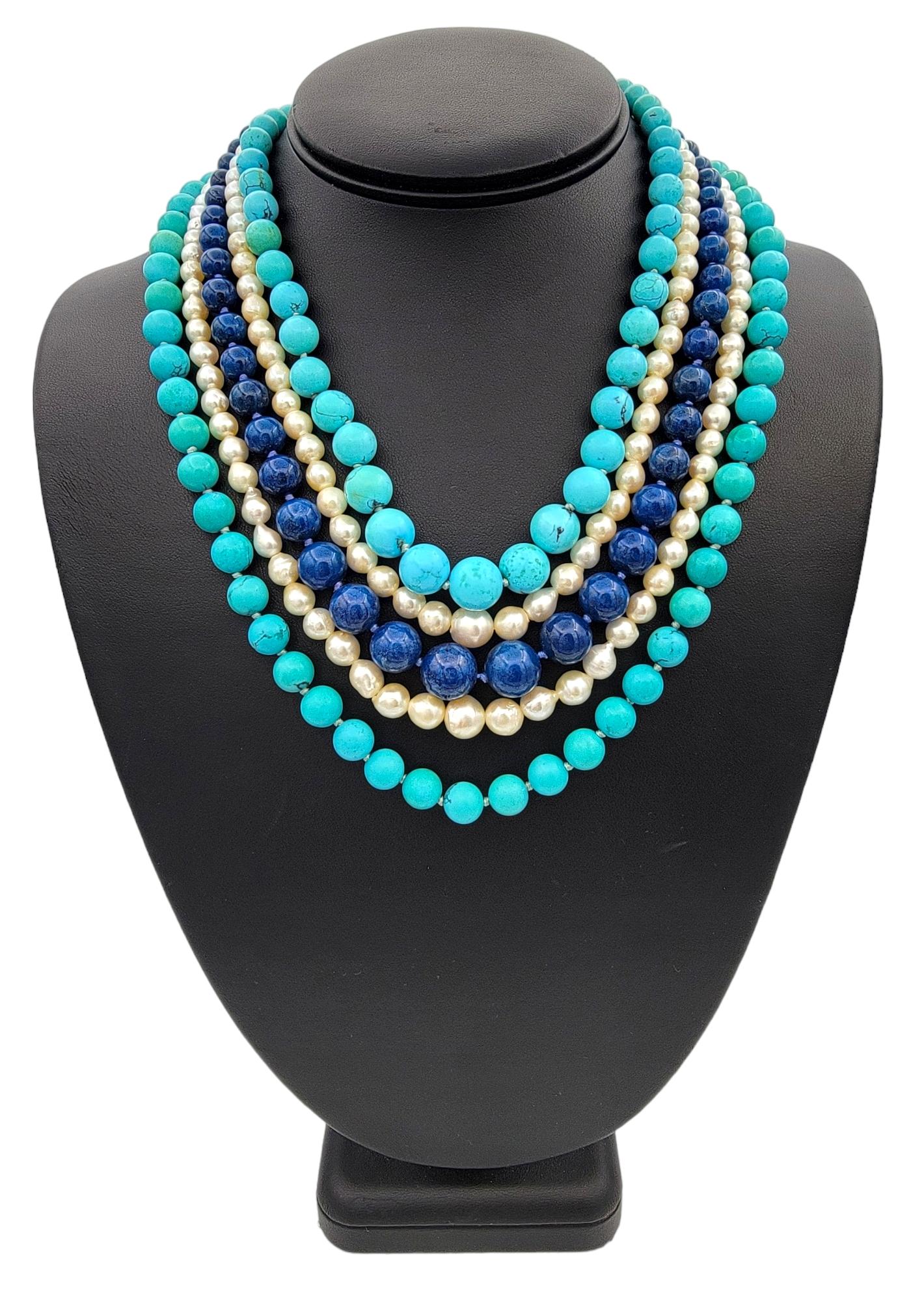 Collar de 5 vueltas de perlas, turquesa, lapislázuli y jaspe de oro de 14 quilates en venta 3