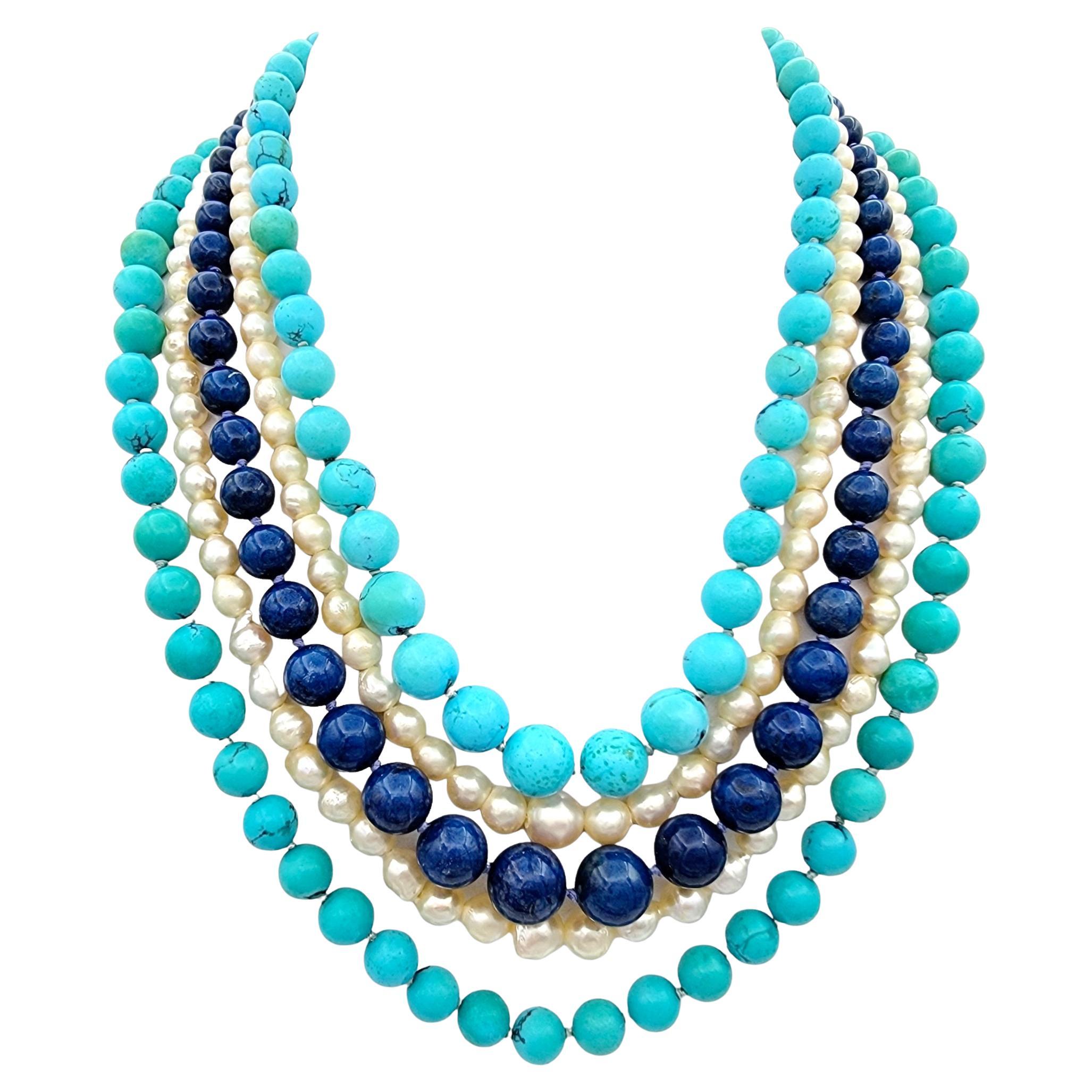 5strangige Perlen-, Türkis-, Lapislazuli- und Jaspis- und Jaspis-Perlen-Halskette 14 Karat Gold