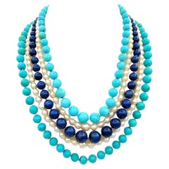 5 Strand Pearl, Turquoise, Lapis Lazuli and Jasper Beaded Necklace 14 Karat Gold