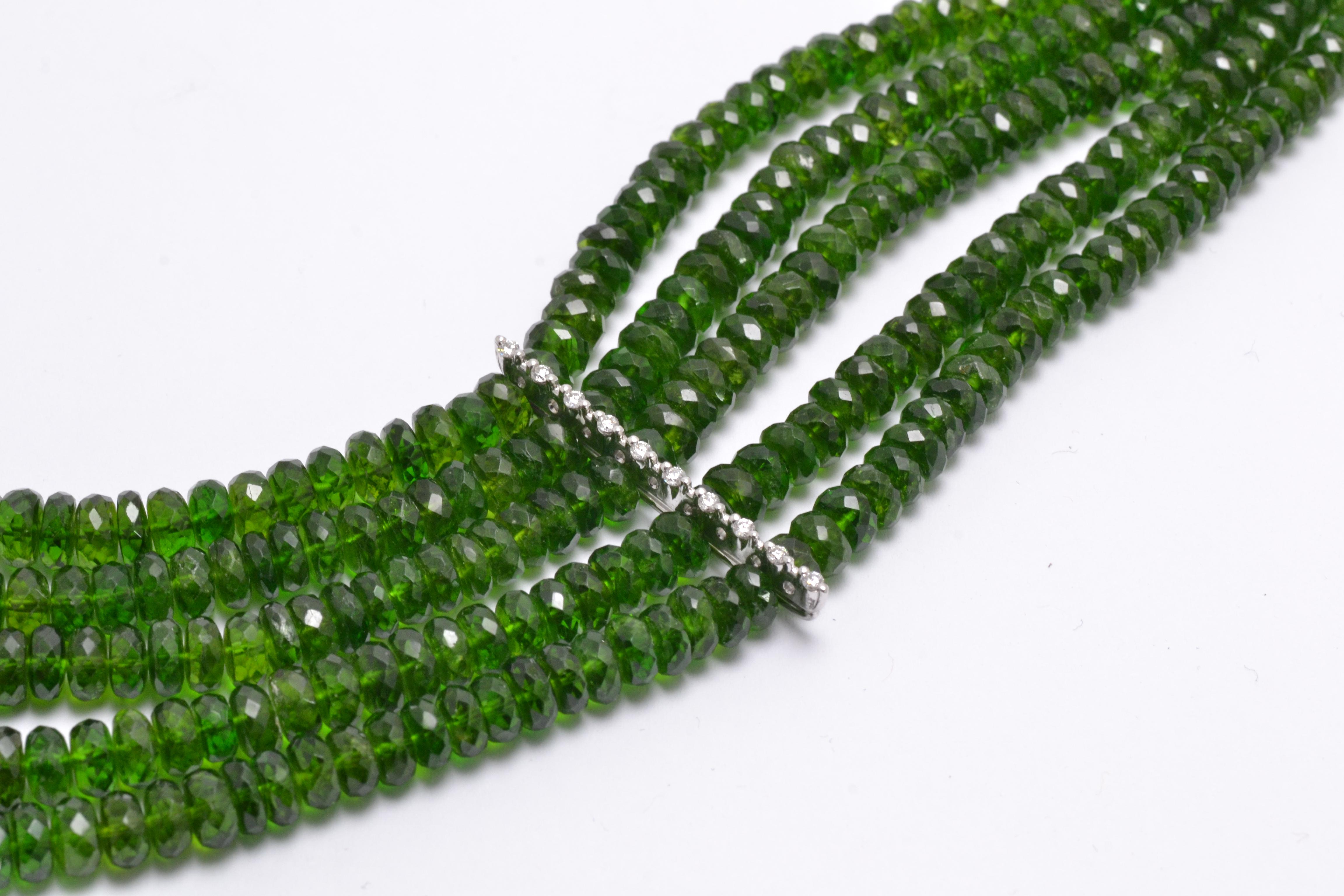 Women's Green Tourmaline Diamonds 18 KT White Gold Made in Italy Bib Necklace For Sale