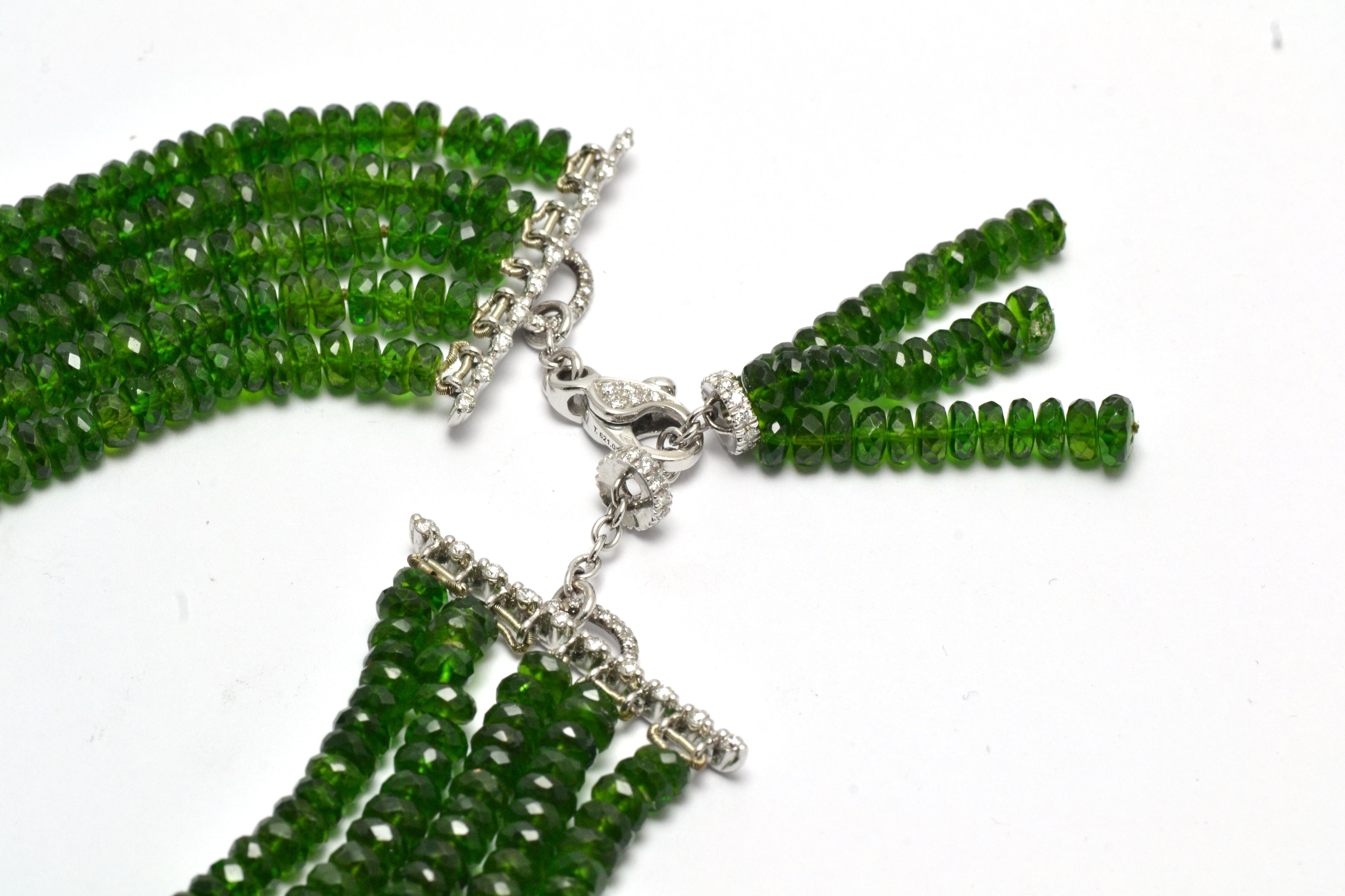 Round Cut Green Tourmaline Diamonds 18 KT White Gold Made in Italy Bib Necklace For Sale