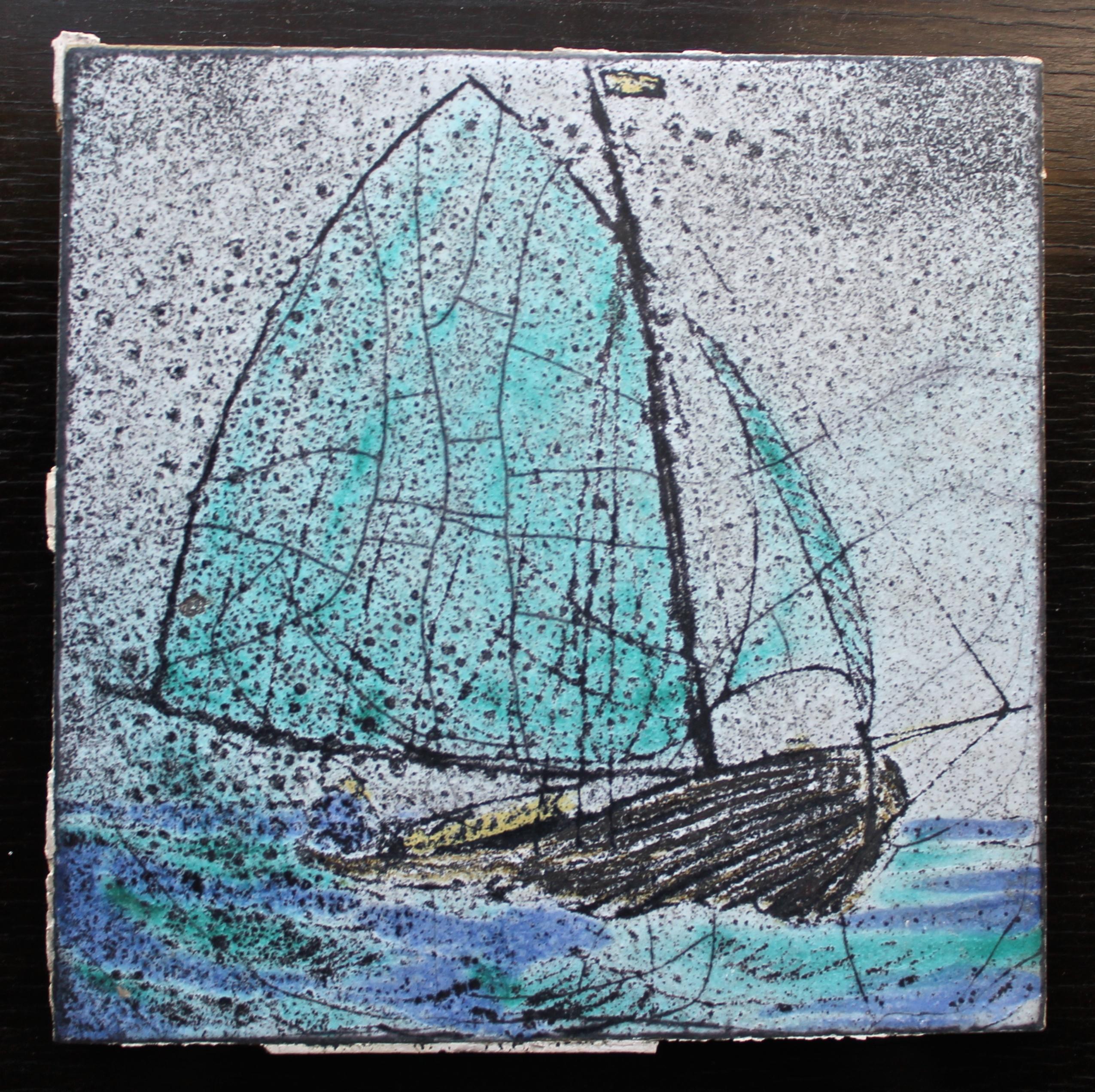 Each tile a unique painting of a different sailing vessel on the high sea. Each 5 1/4