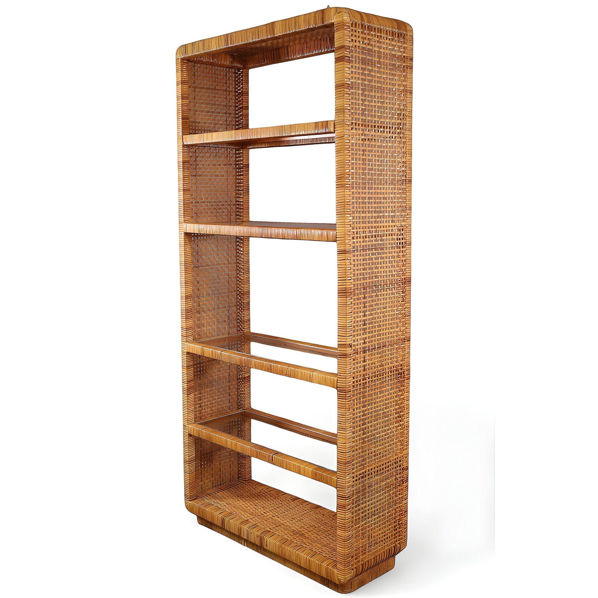 5 Stufen-Etagere aus Schilfrohr und Rattan mit Glasböden von Bielecky Brothers (amerikanisch) im Angebot