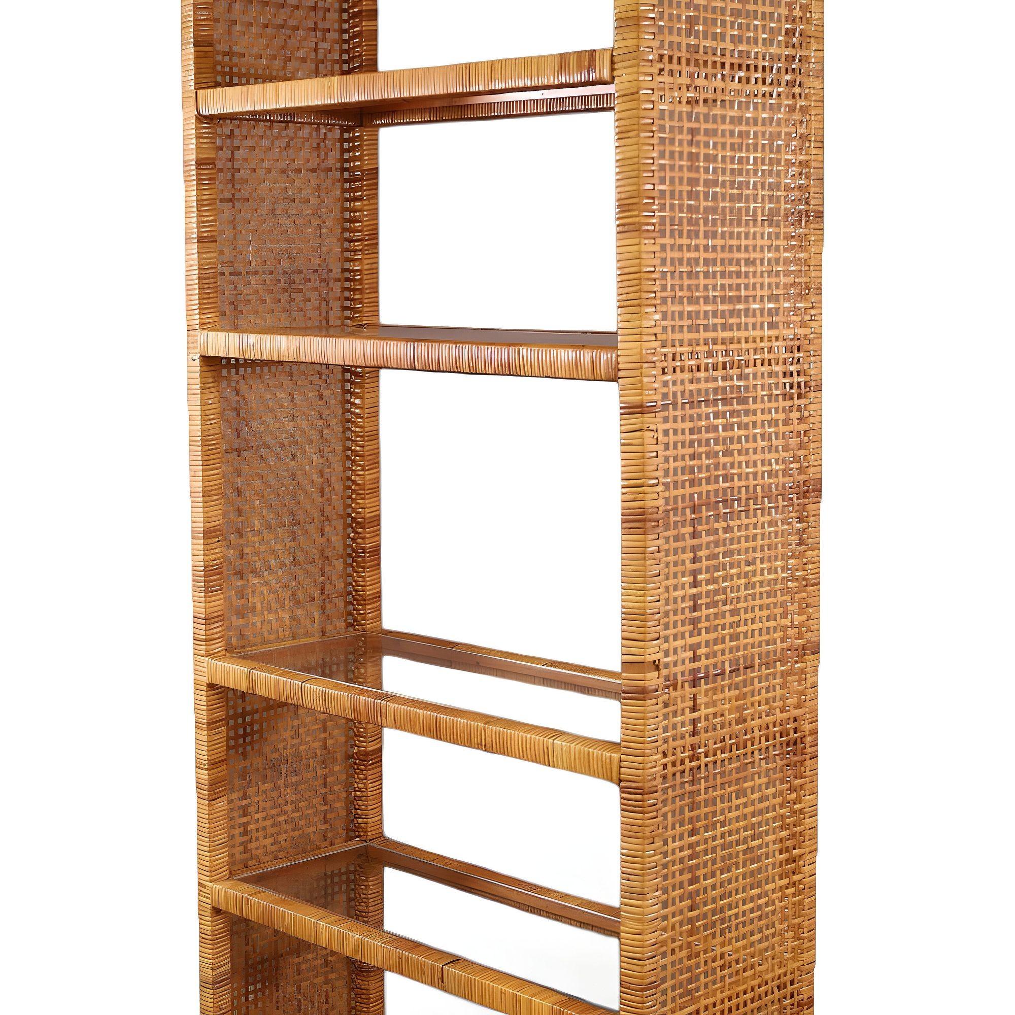 5 Stufen-Etagere aus Schilfrohr und Rattan mit Glasböden von Bielecky Brothers im Zustand „Hervorragend“ im Angebot in Van Nuys, CA
