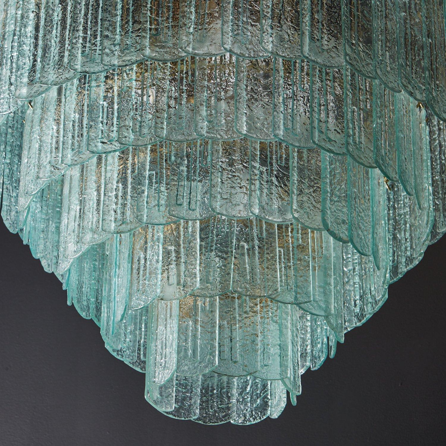Brass 5-Tier Frosted Murano Glass Chandelier, Italy 20th Century