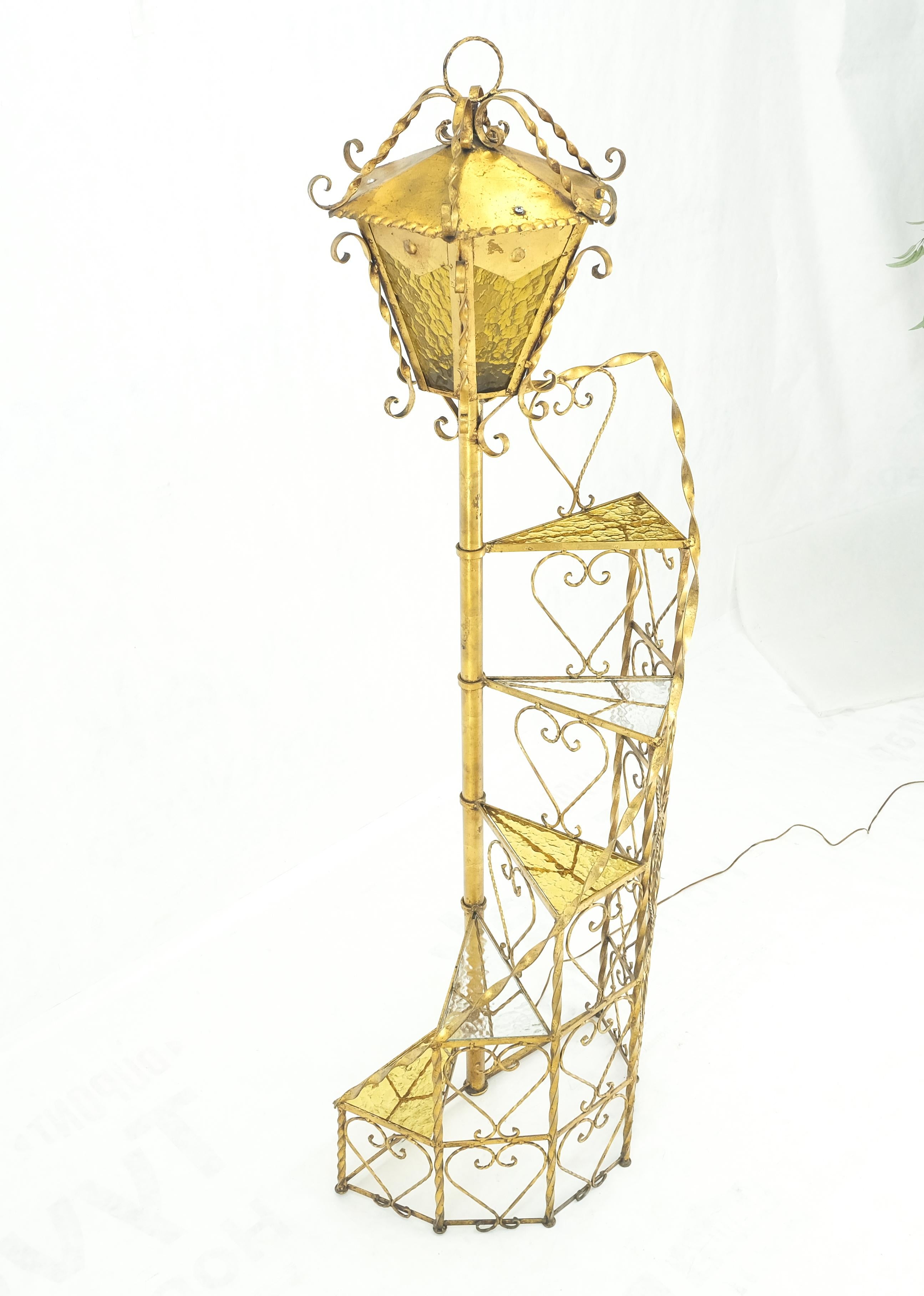 Italian 5 tier Gold Gilt Spiral Plant Stand Floor Lamp Lantern Shade Decorative MINT! For Sale