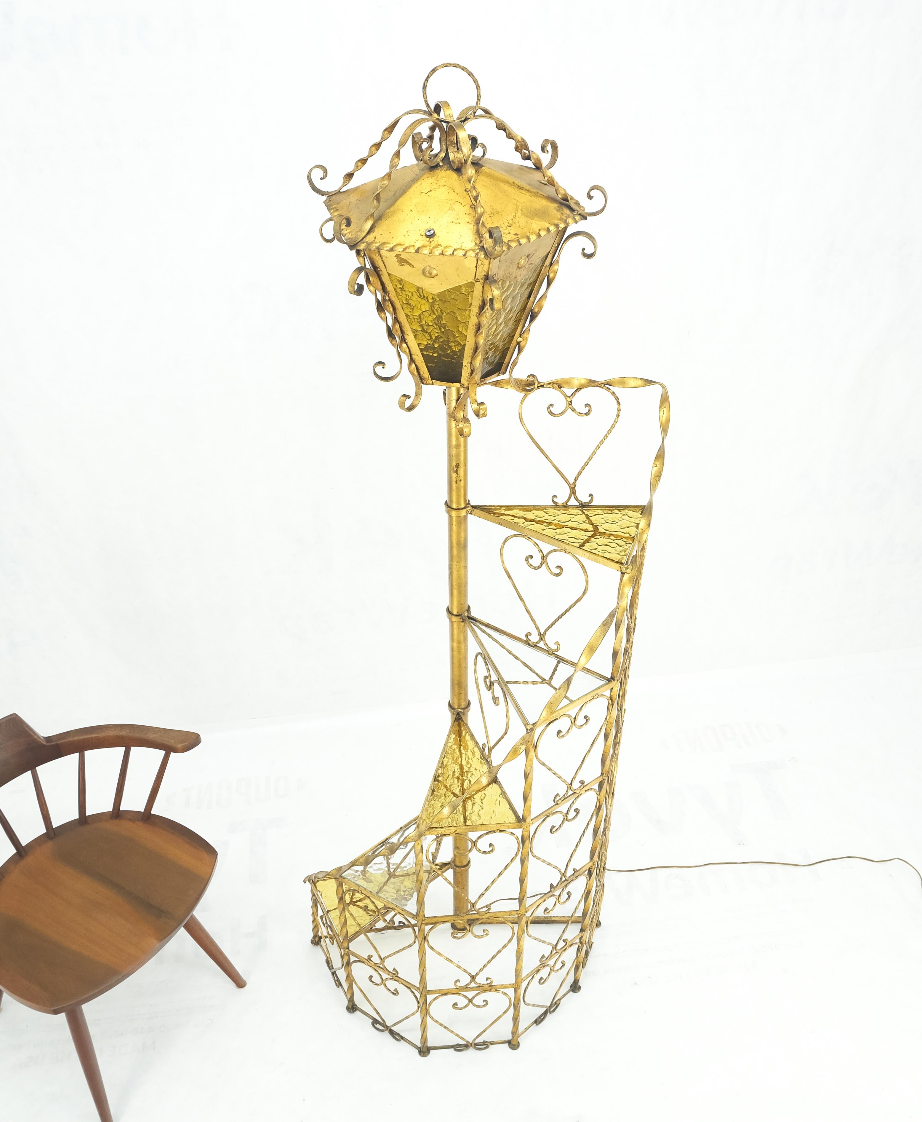 20th Century 5 tier Gold Gilt Spiral Plant Stand Floor Lamp Lantern Shade Decorative MINT! For Sale