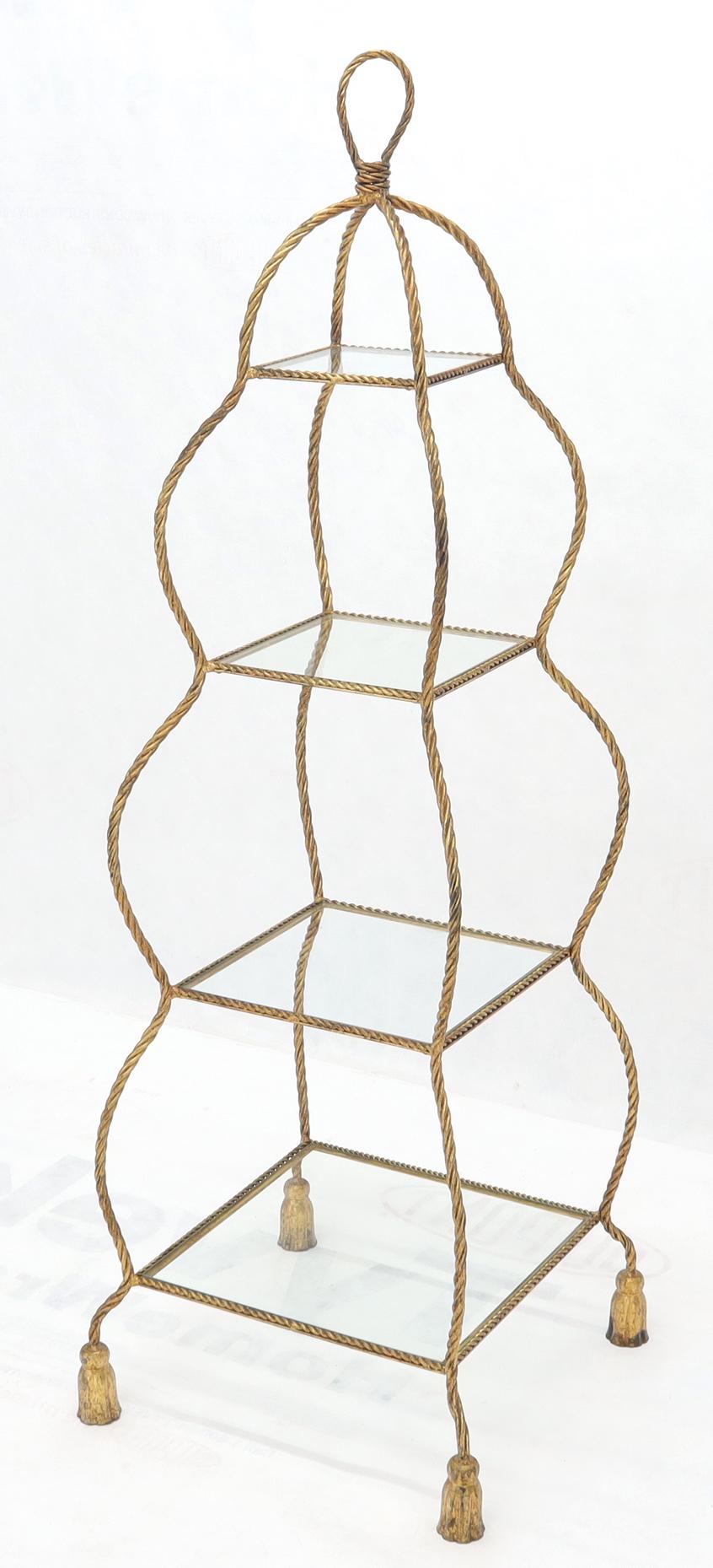 Mid-Century Modern 5-Tier Twisted Metal Gilt Rope Tassel Feet Pyramid Shape Étagère Display Shelf For Sale