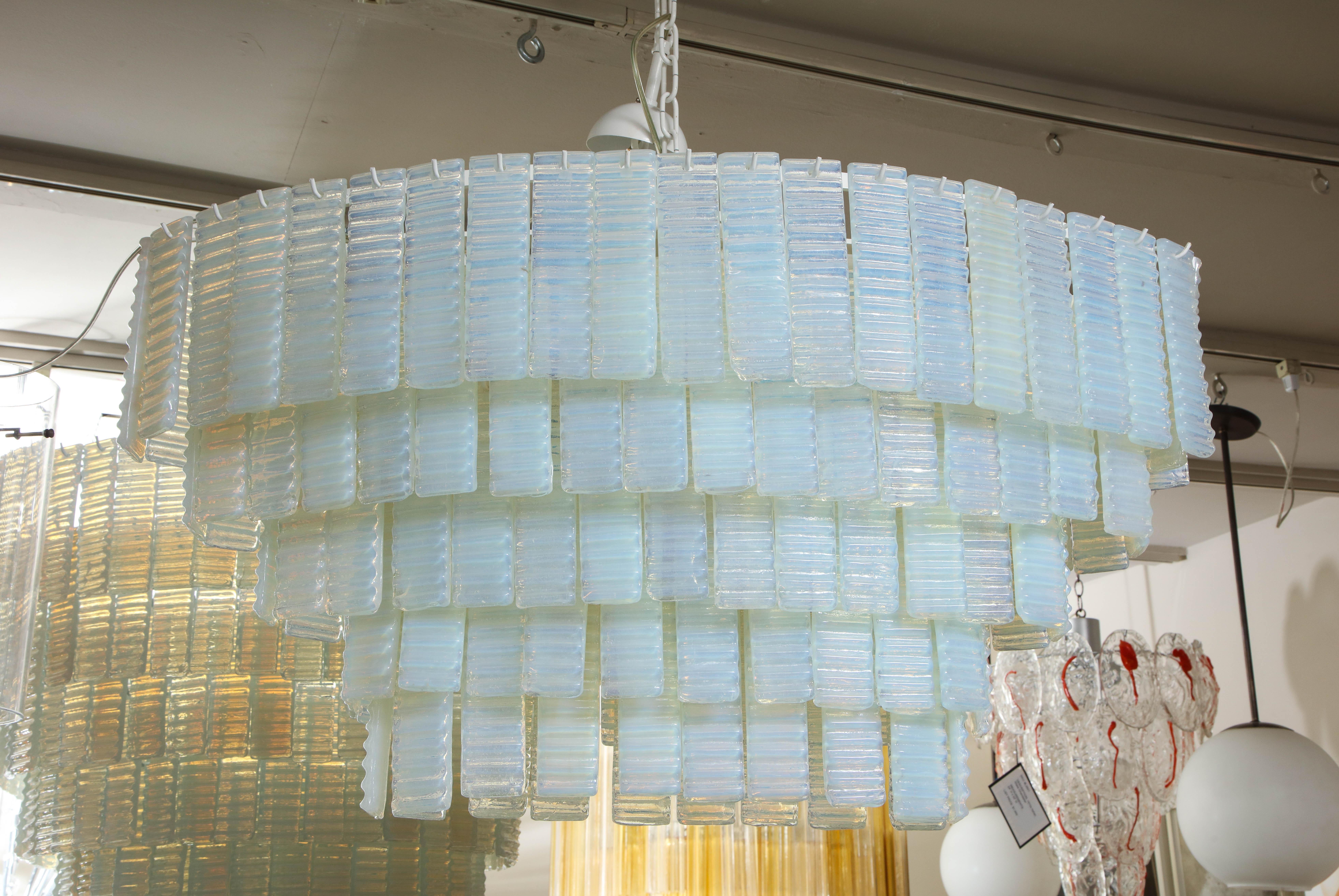 Mid-Century Modern Custom 5 Tiered Corrugated Opalescent Murano Glass Chandelier in Oval Shape For Sale