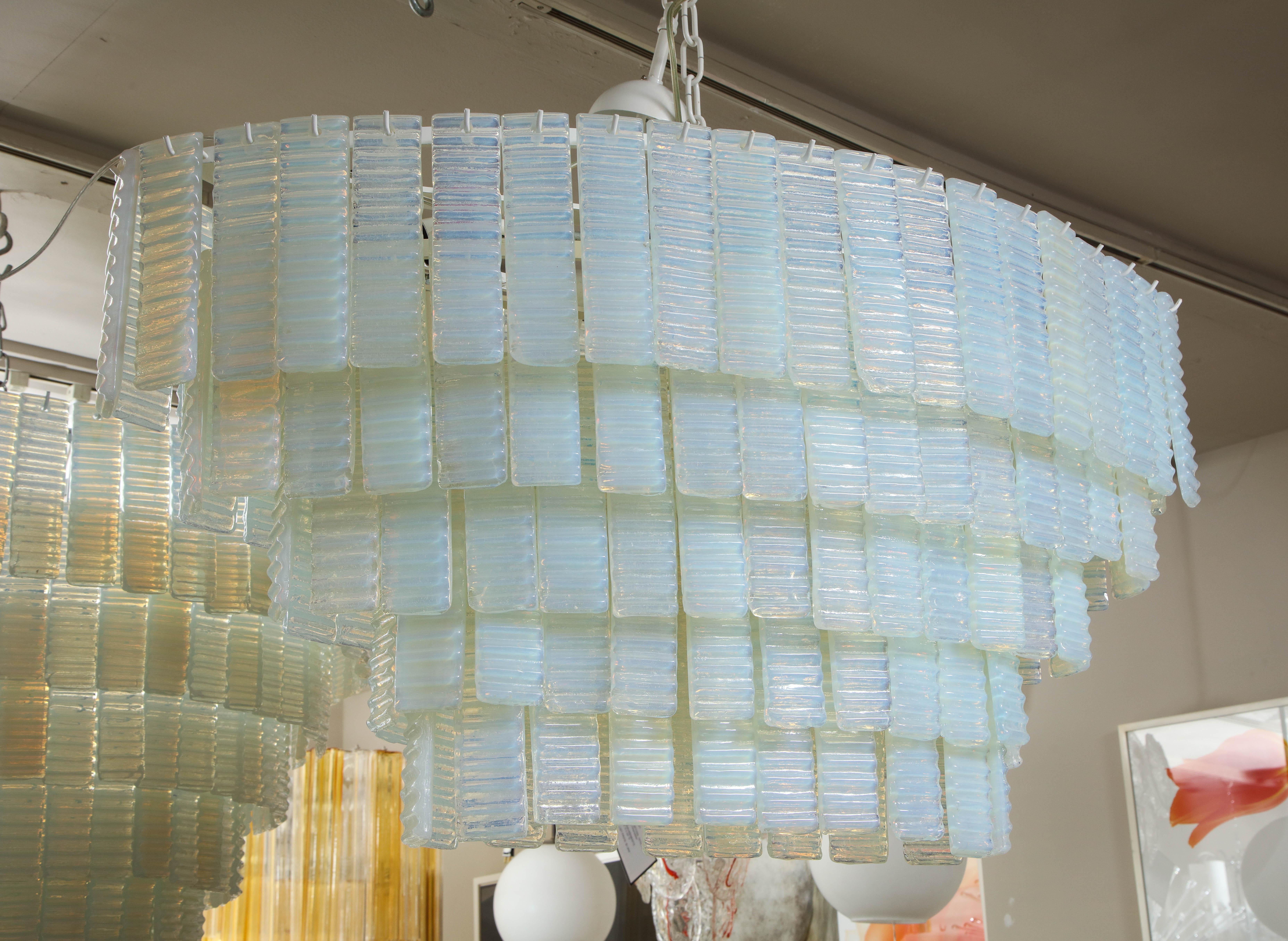 Italian Custom 5 Tiered Corrugated Opalescent Murano Glass Chandelier in Oval Shape For Sale