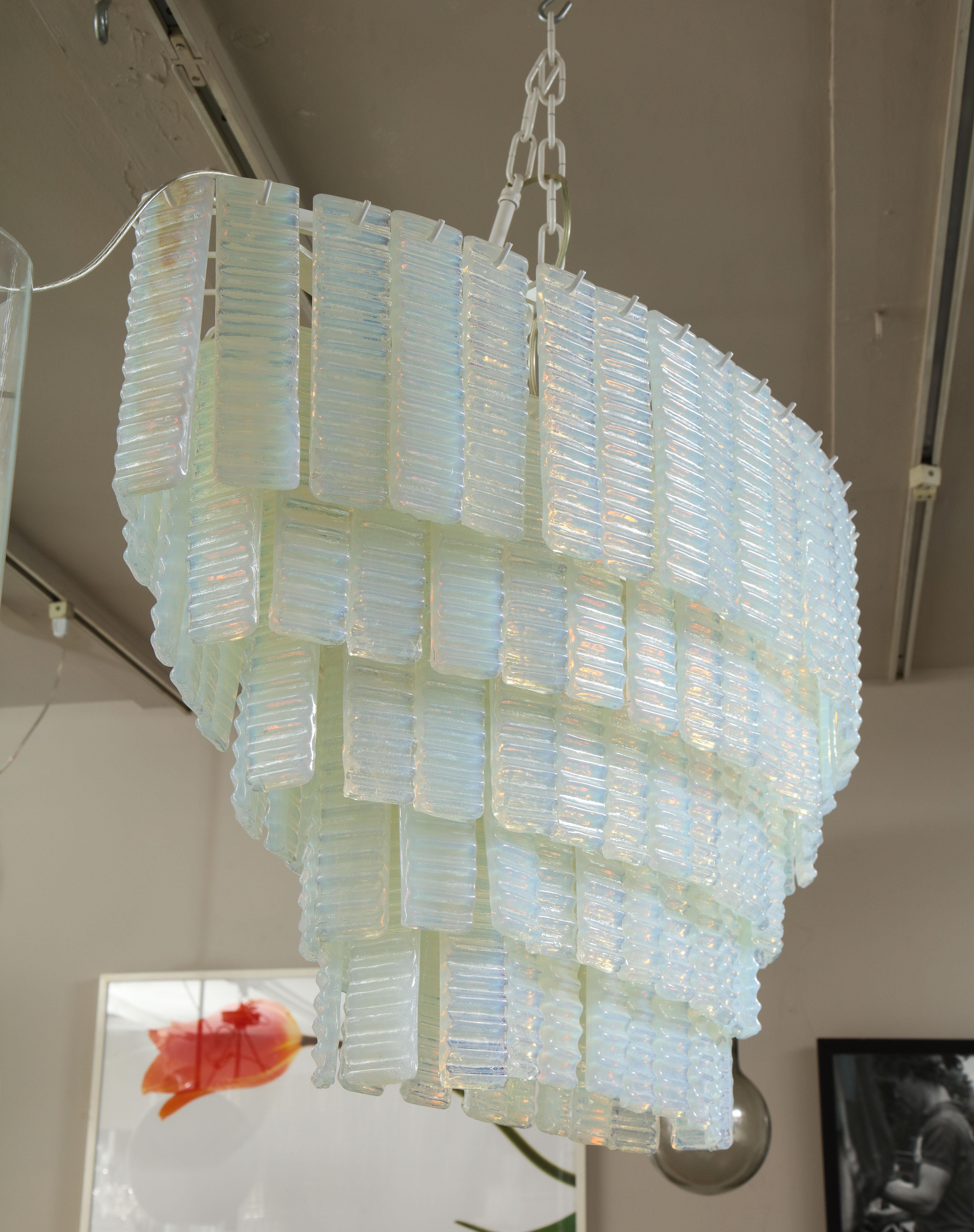 Painted Custom 5 Tiered Corrugated Opalescent Murano Glass Chandelier in Oval Shape For Sale