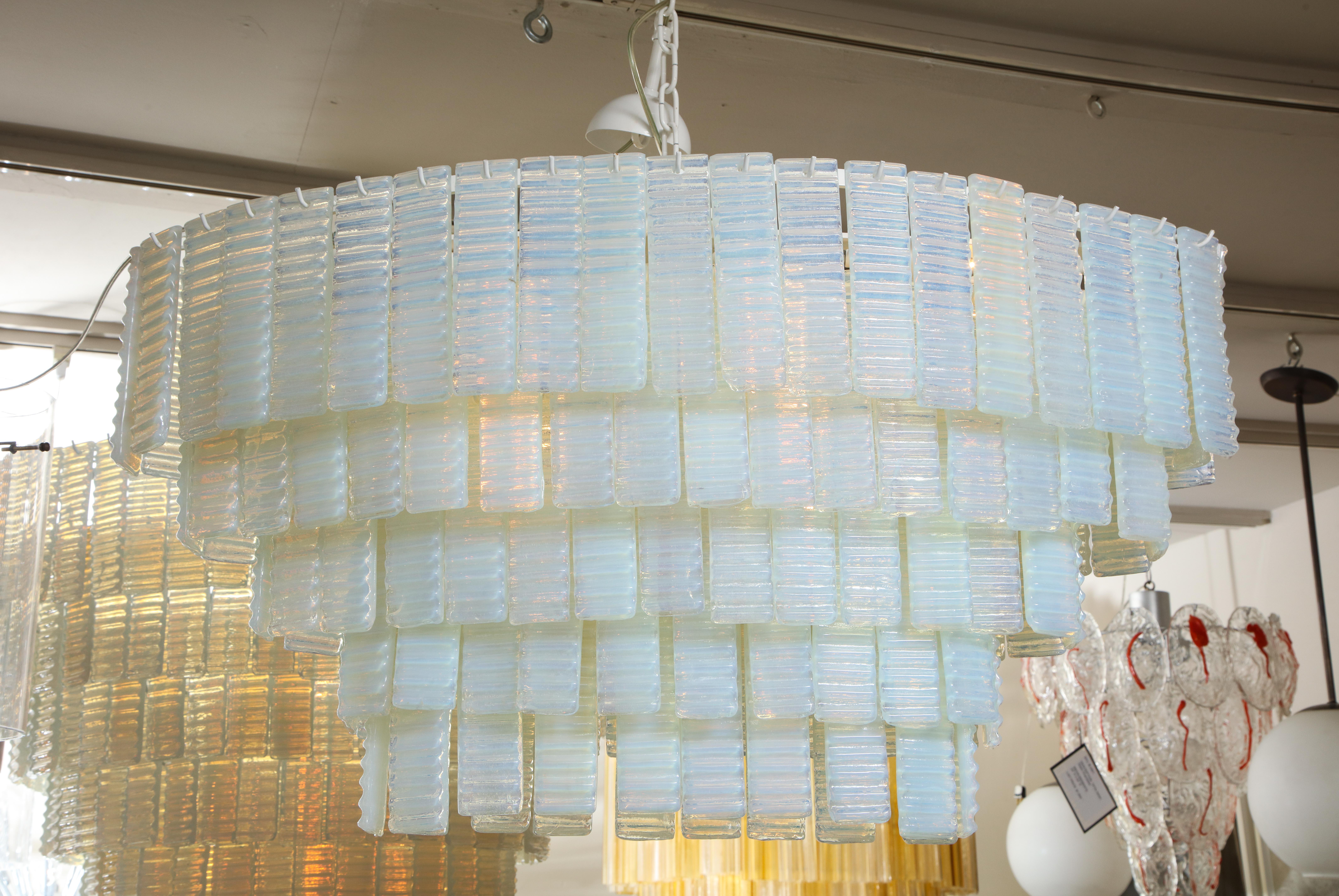Contemporary Custom 5 Tiered Corrugated Opalescent Murano Glass Chandelier in Oval Shape For Sale