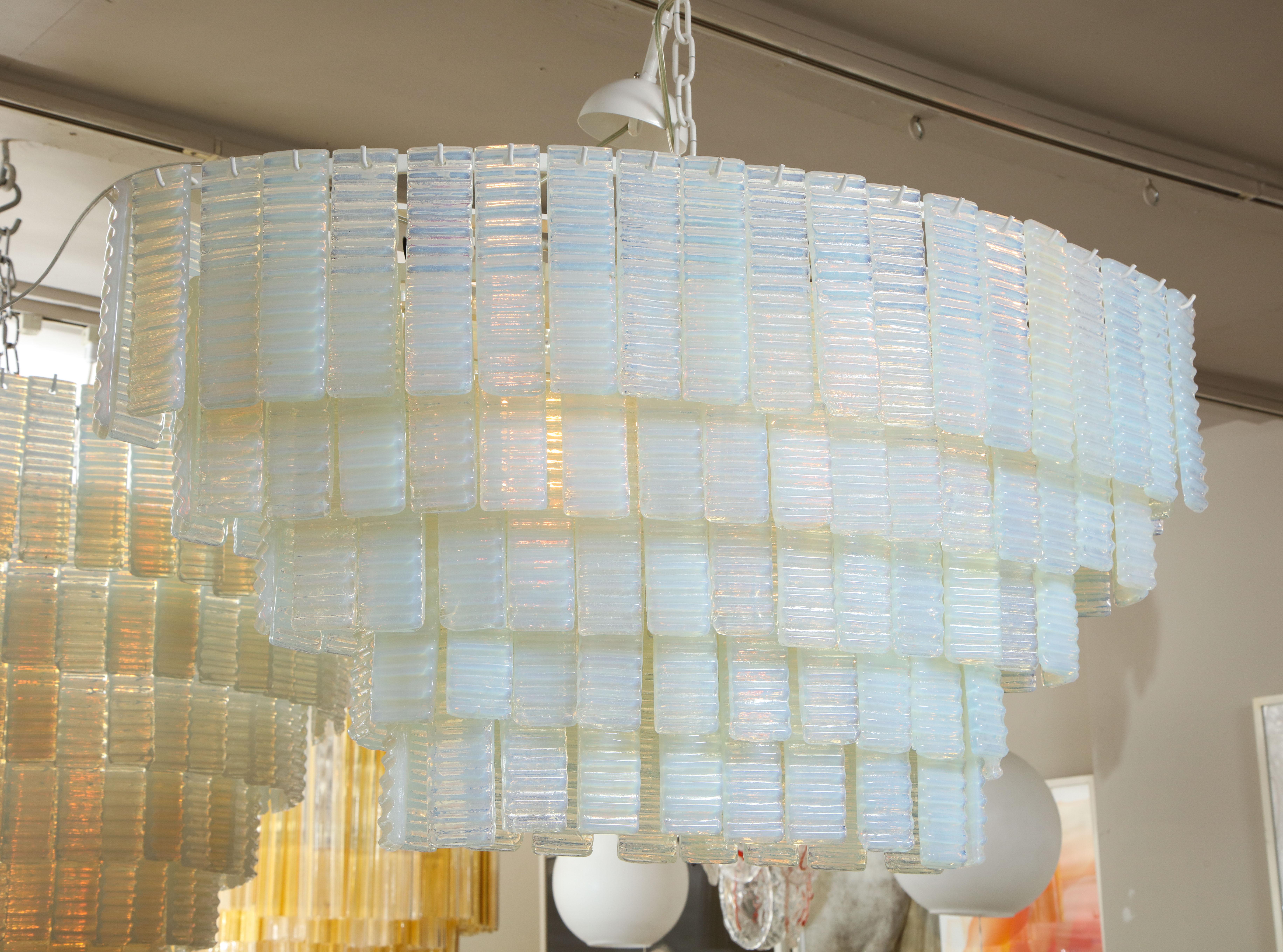 Steel Custom 5 Tiered Corrugated Opalescent Murano Glass Chandelier in Oval Shape For Sale