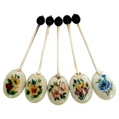 5 Turner & Simpson Sterling Silver Flower Enamel Espresso Bean Demitasse Spoons