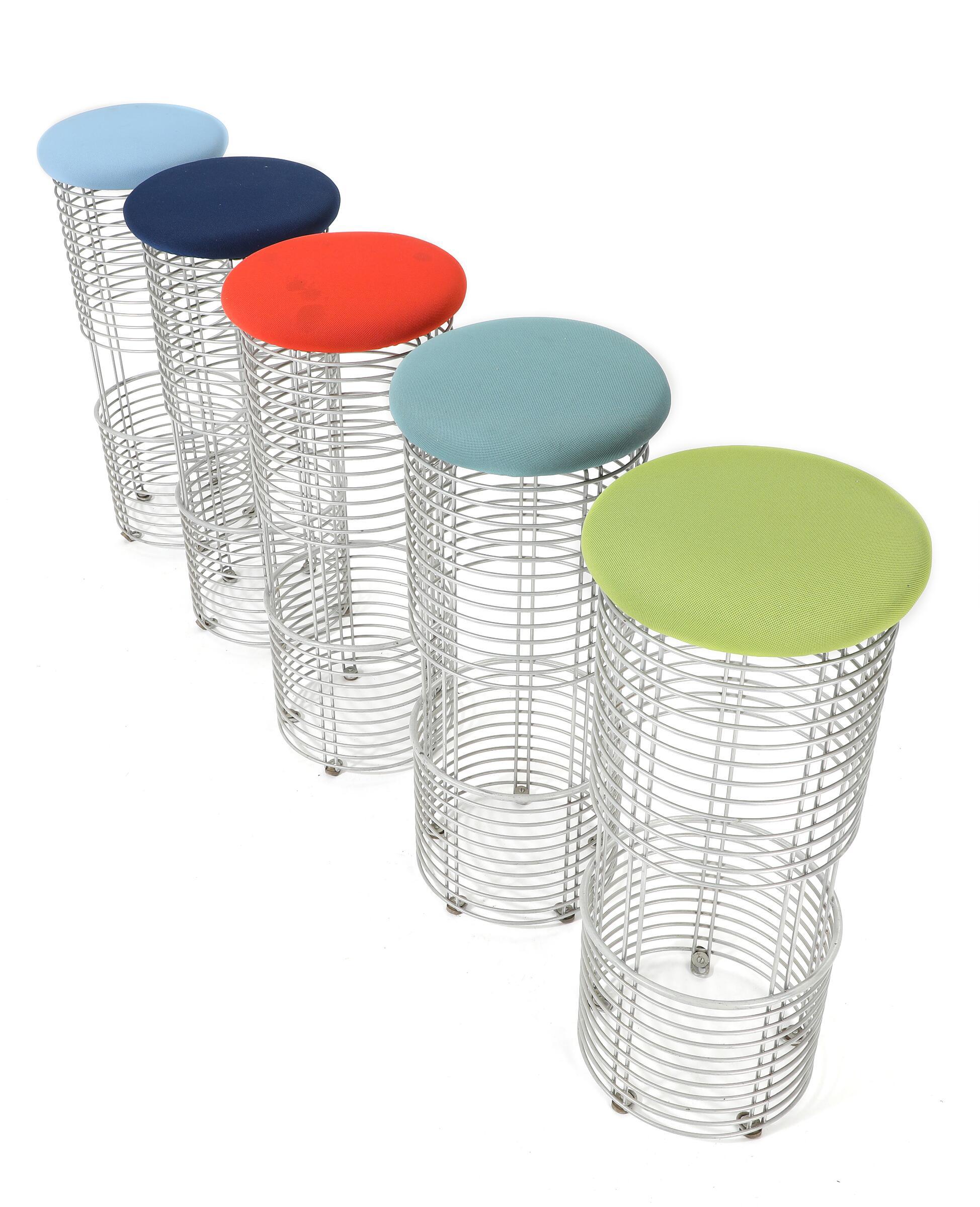 5 Verner Panton X-Design Bar Stools, Wire Cylindrical Body & Wool Seats in Various Colours. Model 250S. 
Literature: “Vitra Museum: Verner Panton The Collected works”, model ill. on pp. 263. Wear due to age. Some scratches and stains. Stools sold as