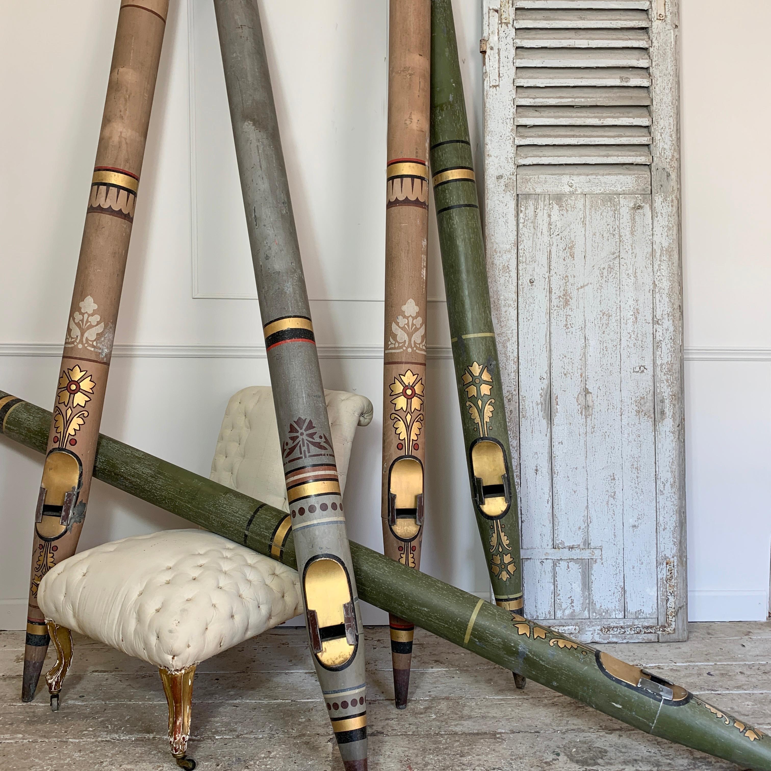 Victorian church organ pipes, dating from 1860s
English, originally from a Church in the Norfolk Area, UK
hand painted zinc and tin organ pipes with decorative patterns and gilt detailing
They come in various sizes and were part of a main church