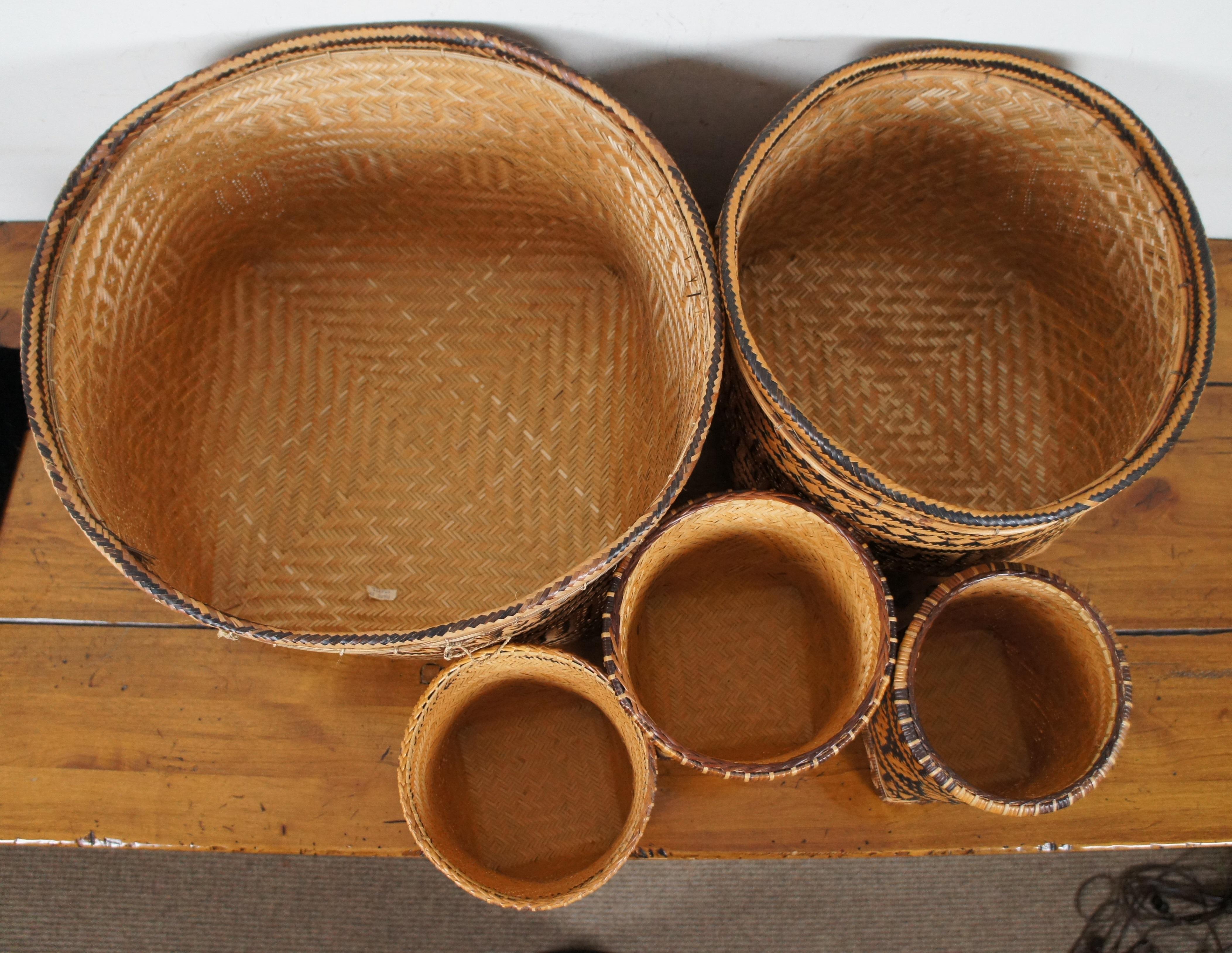 Folk Art 5 Vintage Brazilian South American Two Tone Harvest Baskets Bohemian Cachepots
