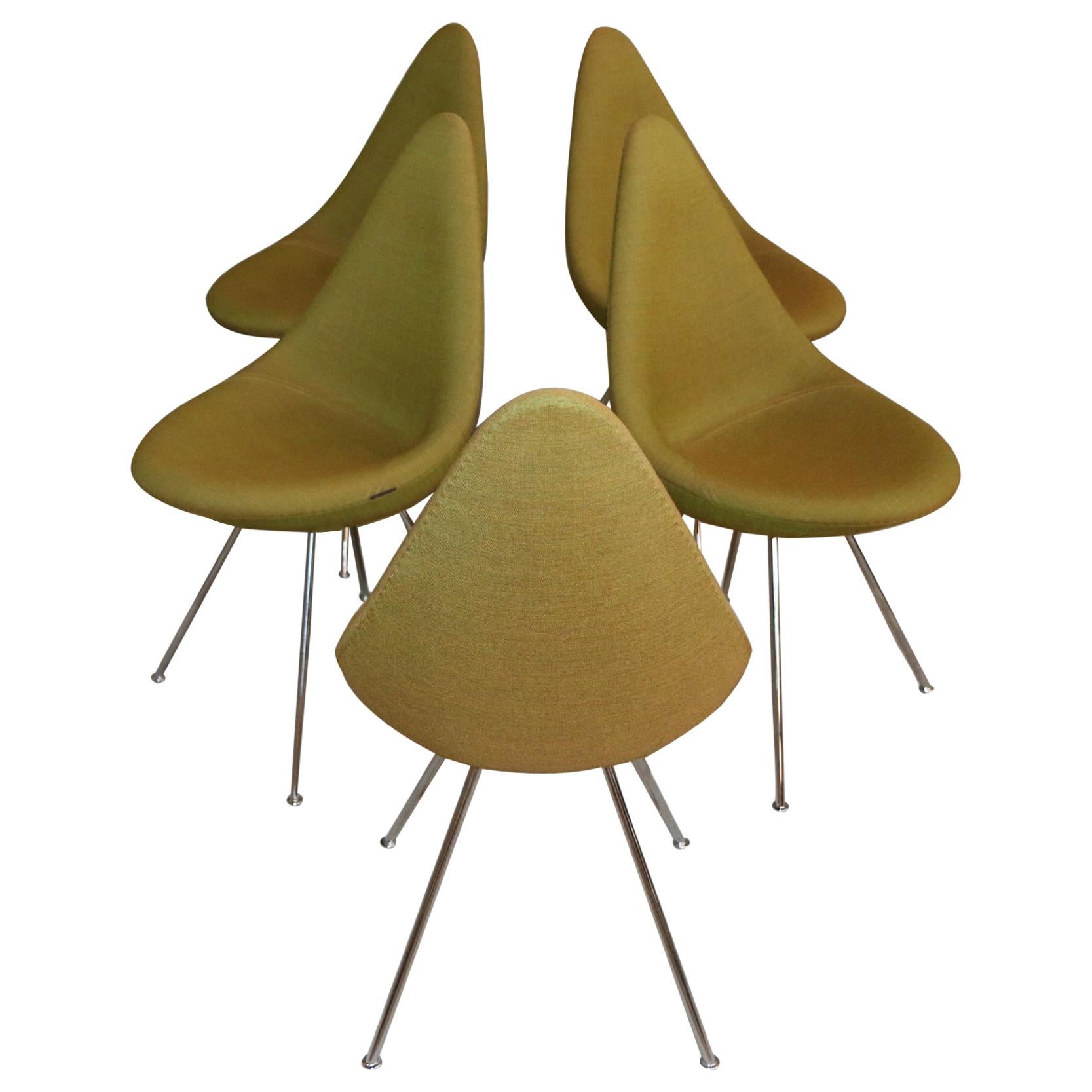 5 Vintage Drop Chairs by Fritz Hansen in Olive Green Fabric