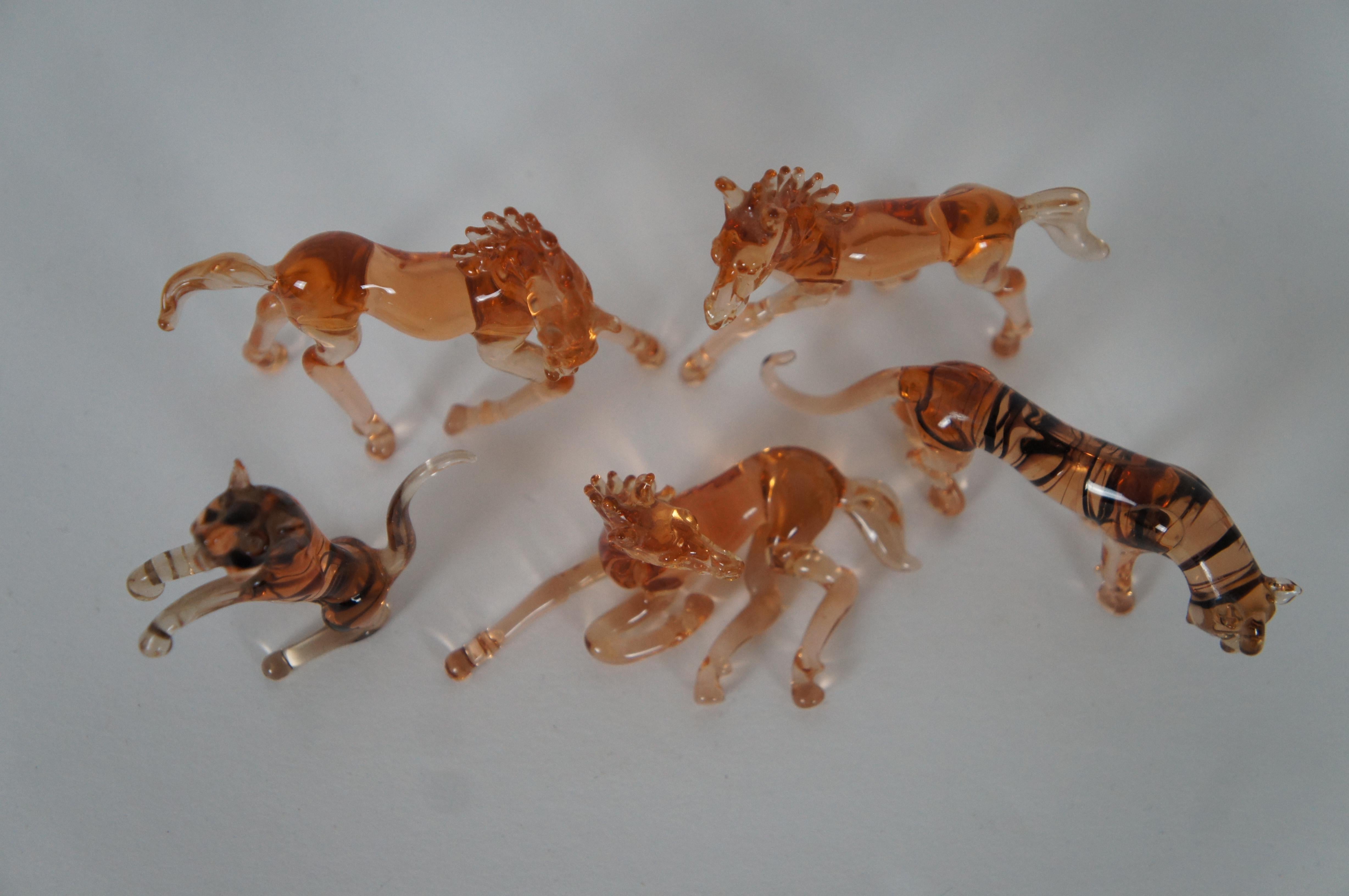 20th Century 5 Vintage Hand Blown Amber Art Glass Animals Equestrian Horse Bengal Tiger 3